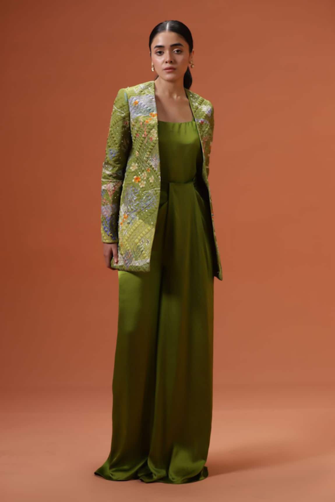 Taali Sage Green Quilted Jacket & Palazzo Set 