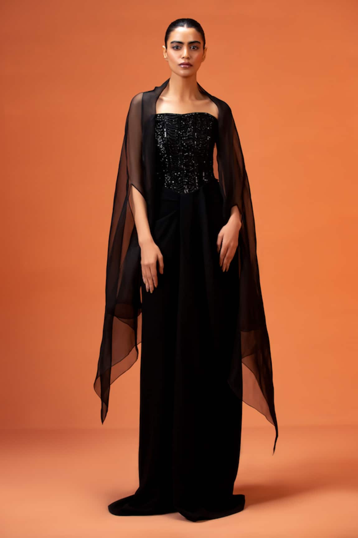 Taali Black Hand Embellished Corset Skirt Set 