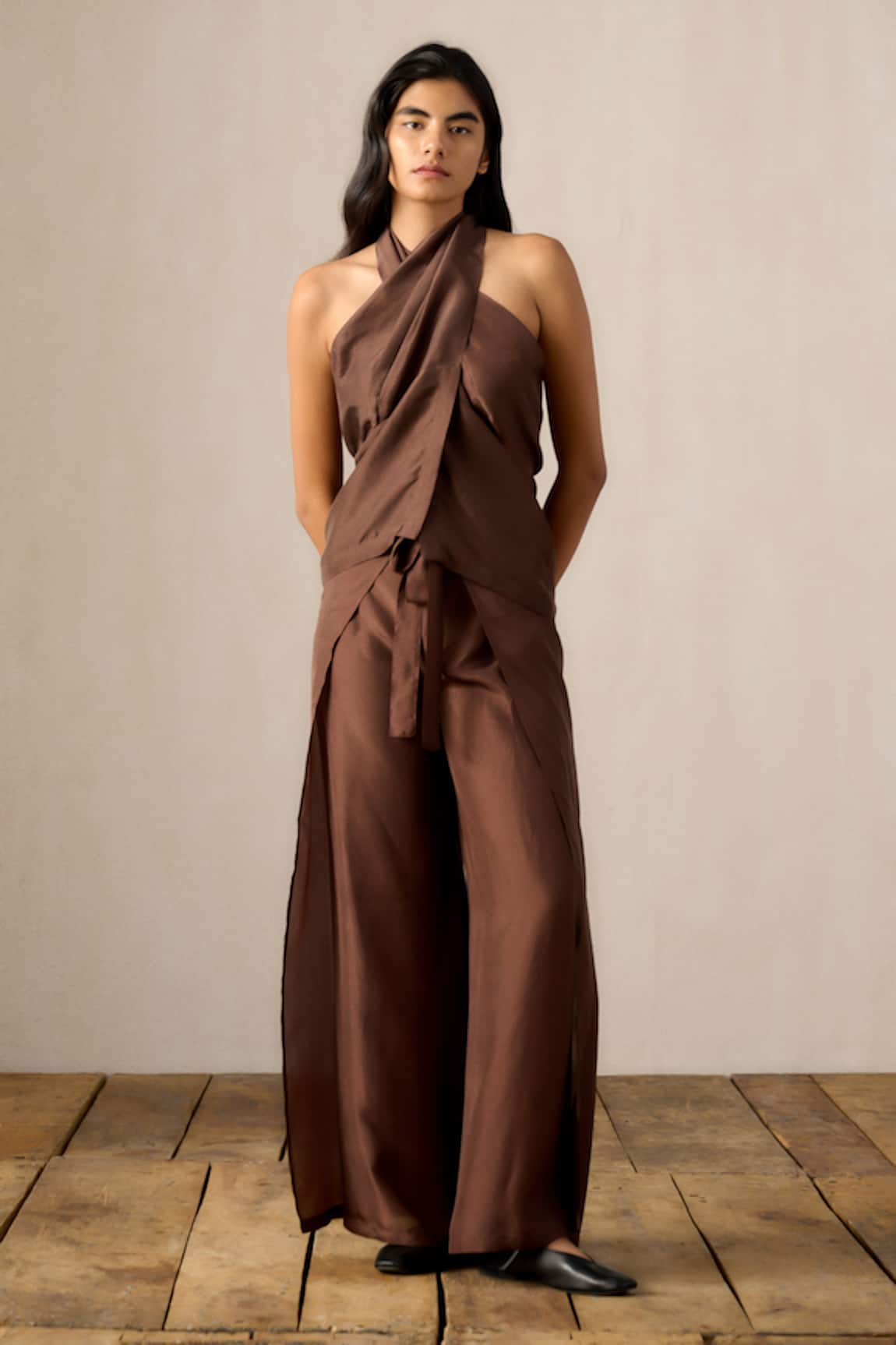 Ituvana Brown Silk Tie-Up Pant Set 