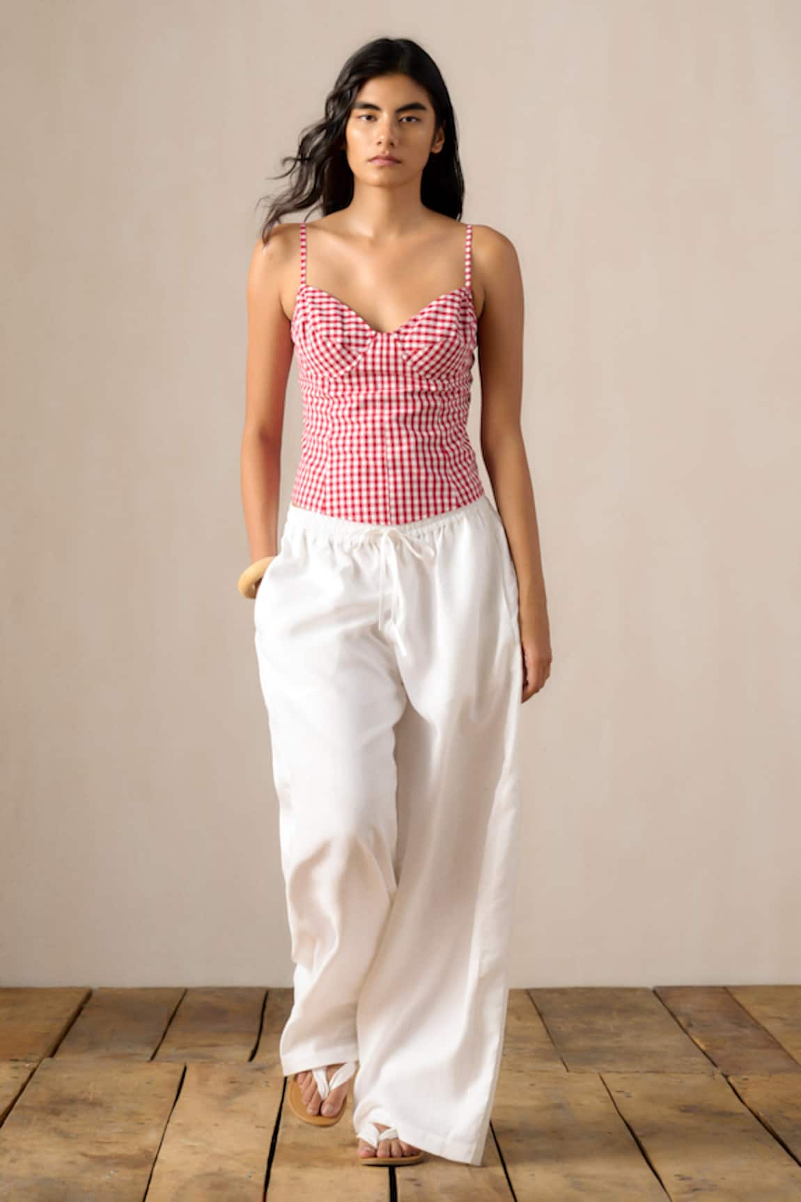 Ituvana Madras Check Smocked Corset Pant Set 