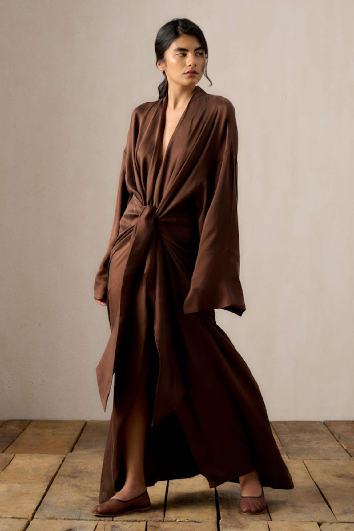 Ituvana Brown Silk Satin Long Robe Dress 