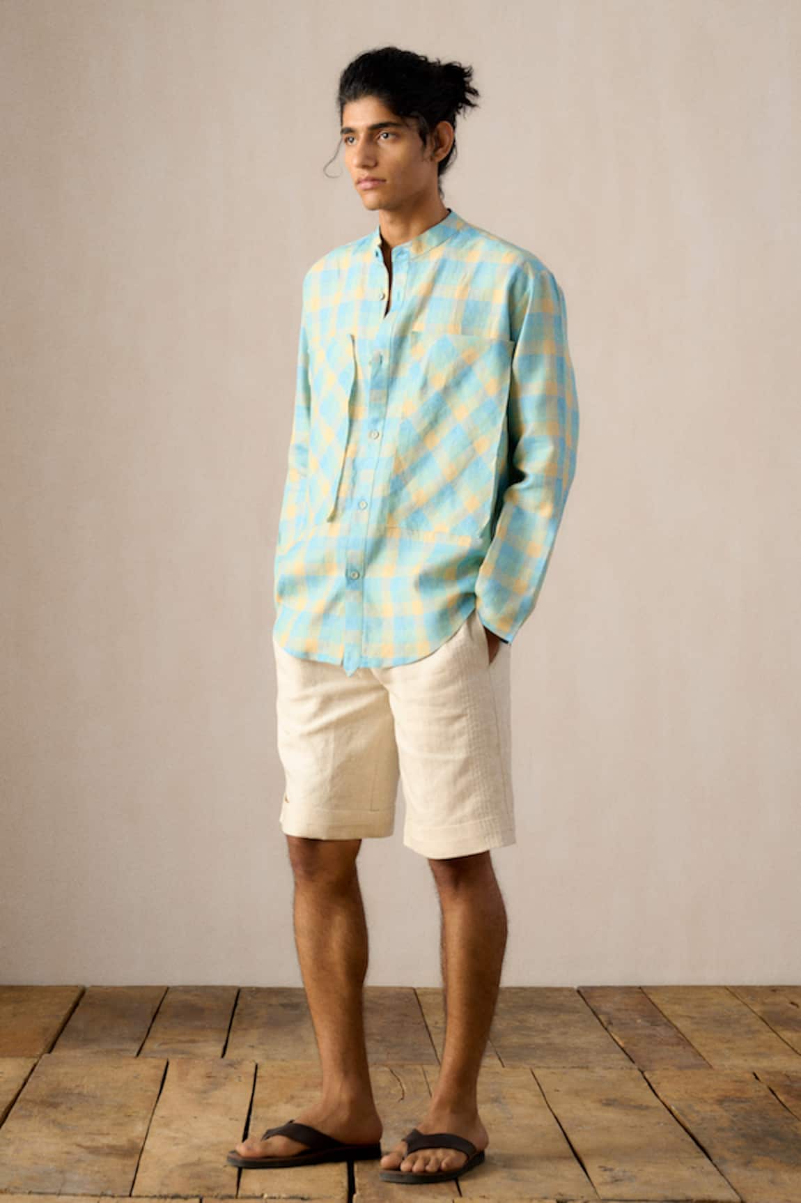 Ituvana Beige Tailored Drawstring Linen Shorts 