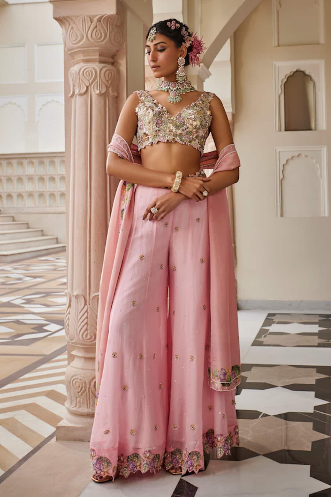 Nea By Nikita Tiwari Metallic Blush Pink Pants Set 