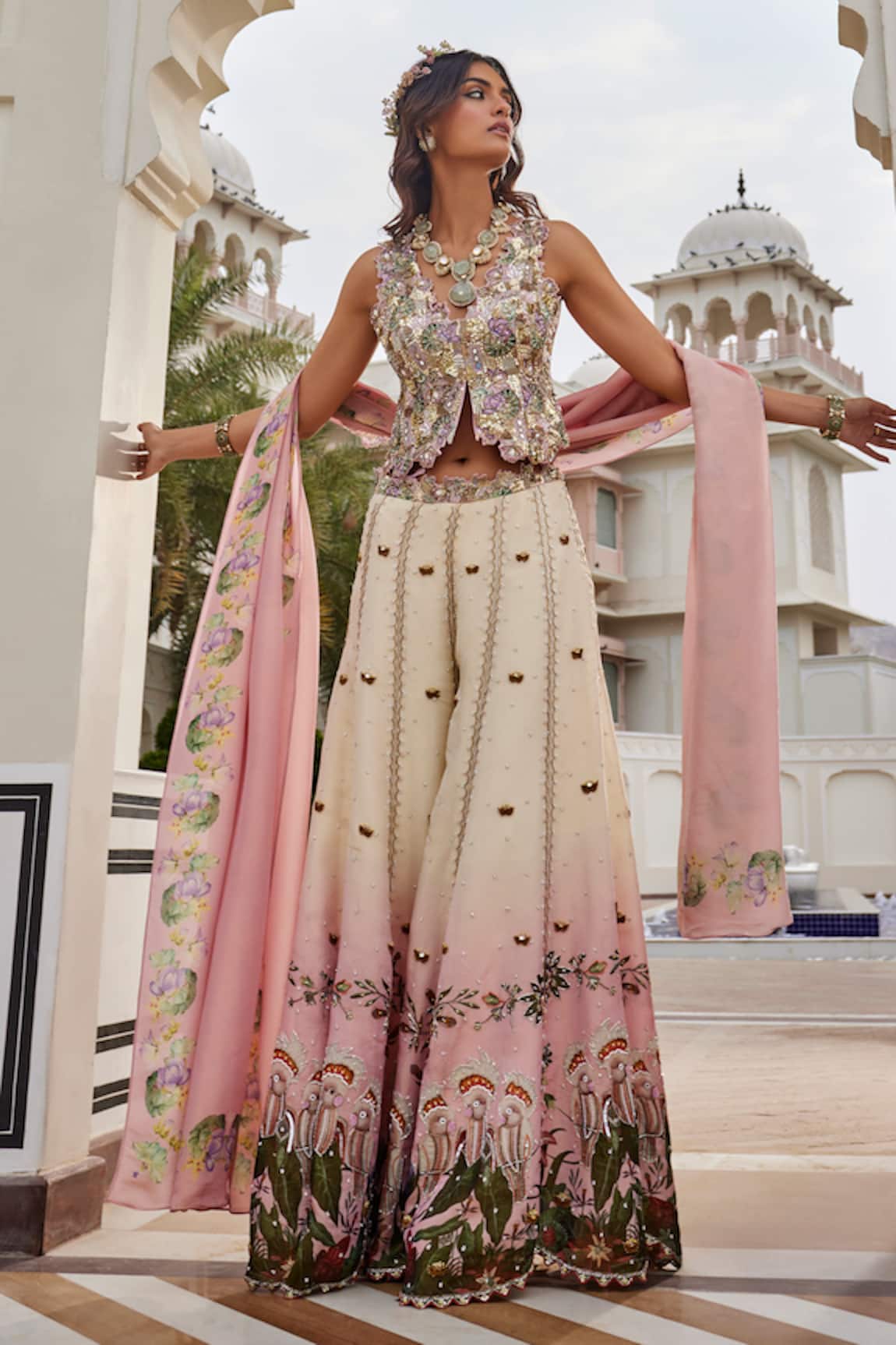Nea By Nikita Tiwari Metallic Blush Pink Palazzo Set 