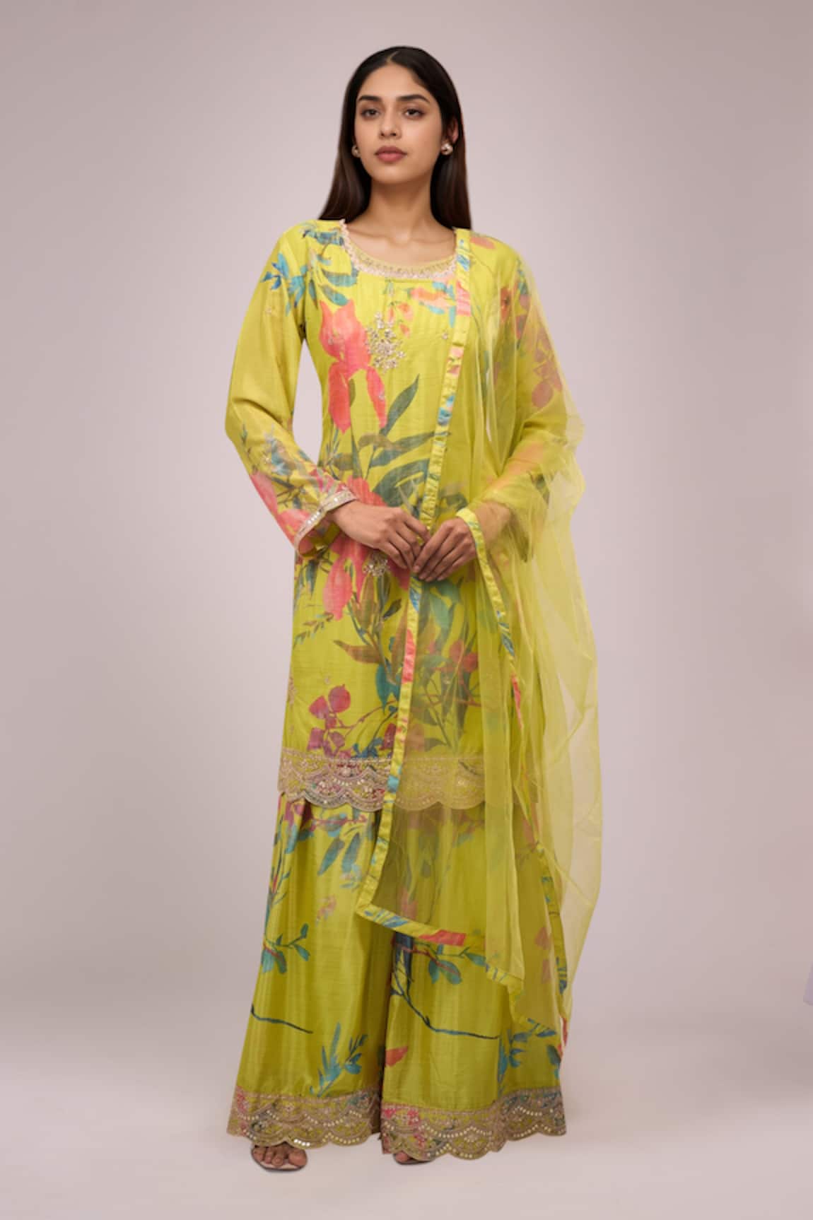 Samyukta Singhania Floral Embroidered Chinnon Silk Set 