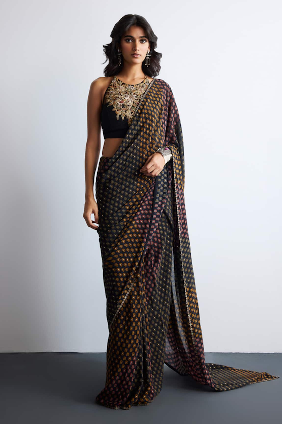 RI.Ritu Kumar Black Multi Print Designer Saree Set 