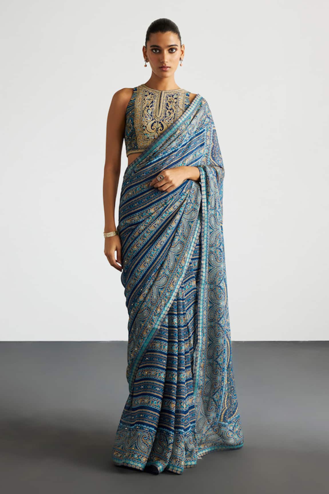 RI.Ritu Kumar Blue Beige Brocade Jamawar Saree Set 