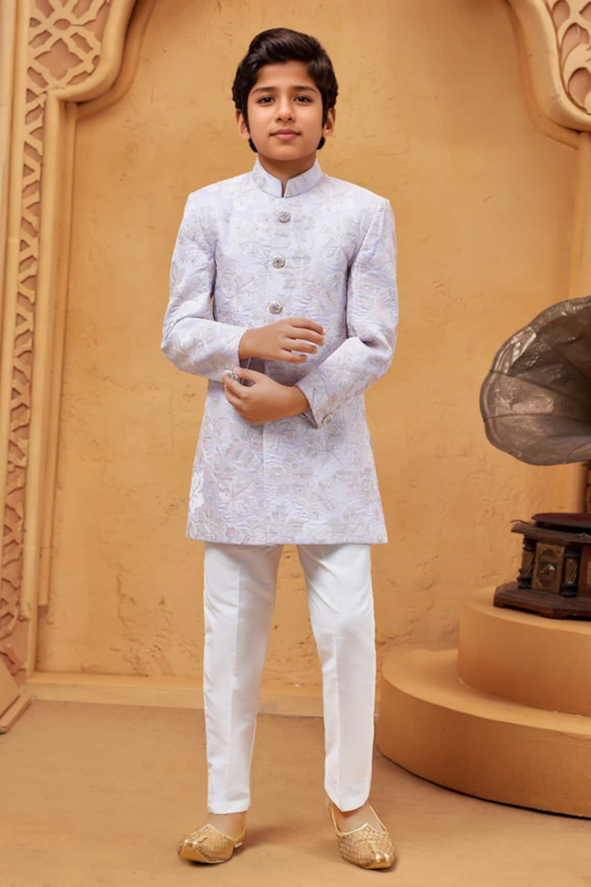 Petite Pomme Light Pink Sherwani & White Pant Set 