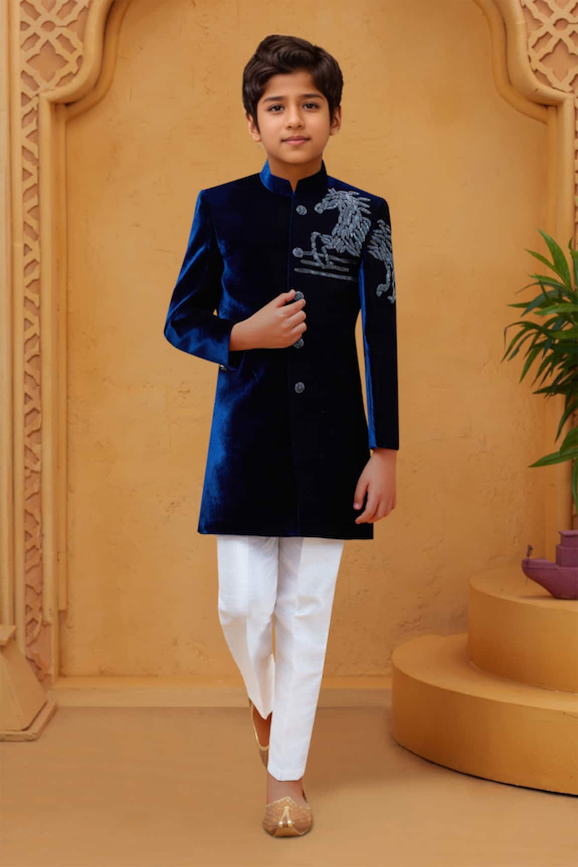 Arihant Rai Sinha Blue Velvet Sherwani with White Pant 