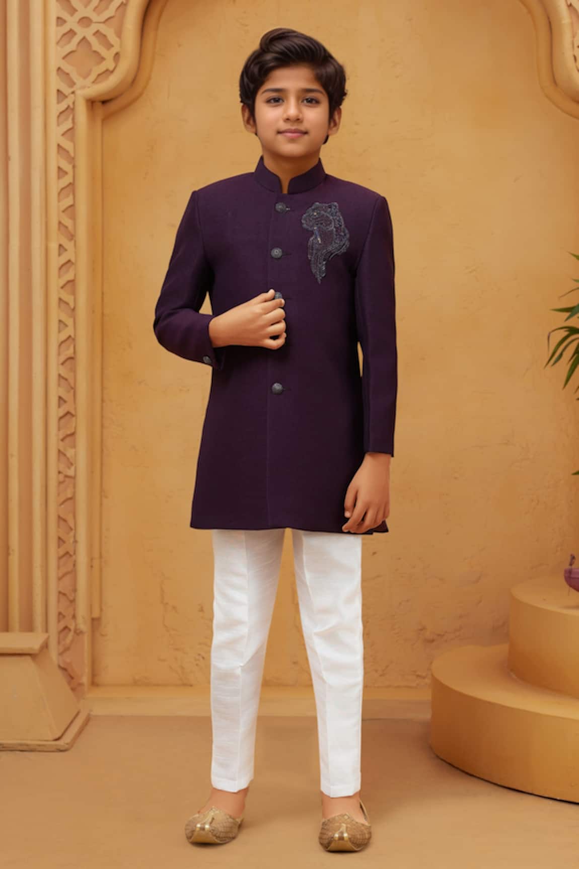 Petite Pomme Wine Sherwani with White Pant Set