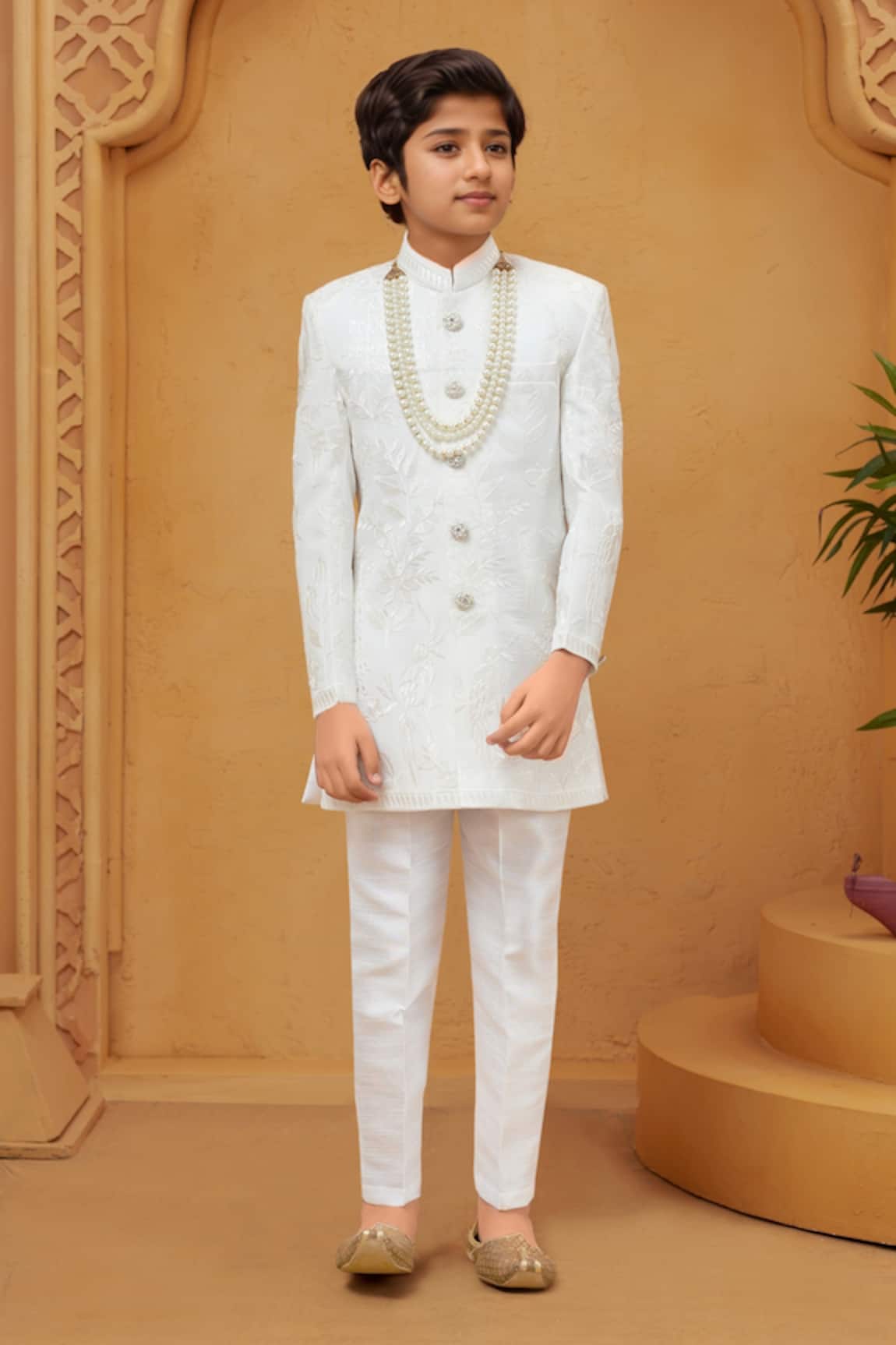 Petite Pomme White Banarasi Silk Sherwani & Pant Set 