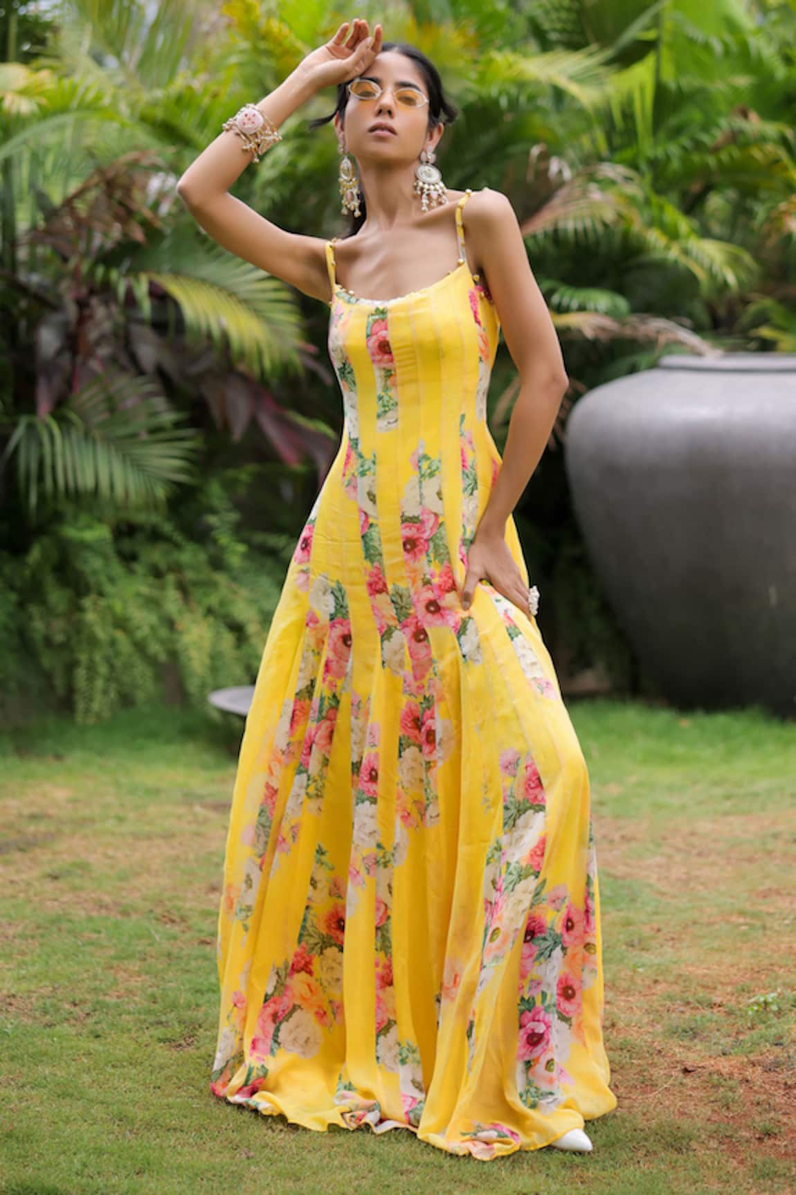 Foram Patel Floral Print Yellow Georgette Dress 