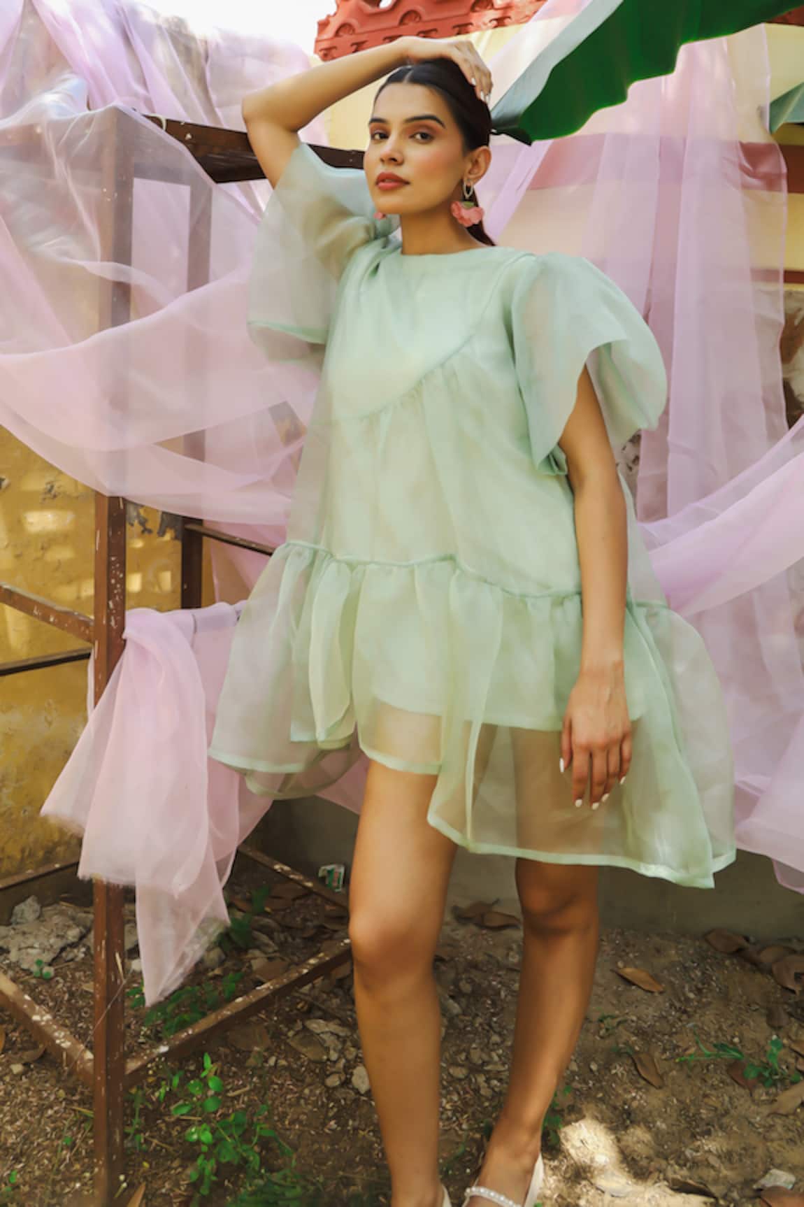 Marche Green Organza Mini Tiered Dress 