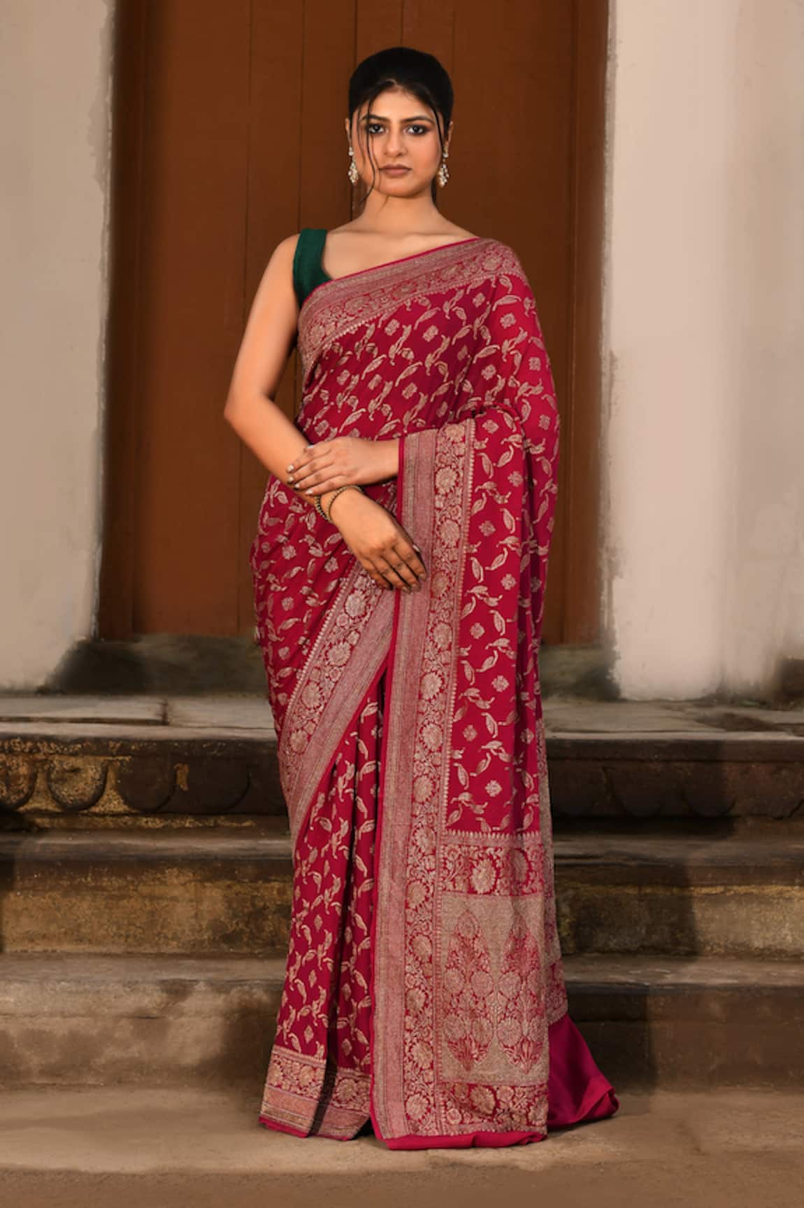 Naaritva India Hot Pink Banarasi Saree with Running Blouse 