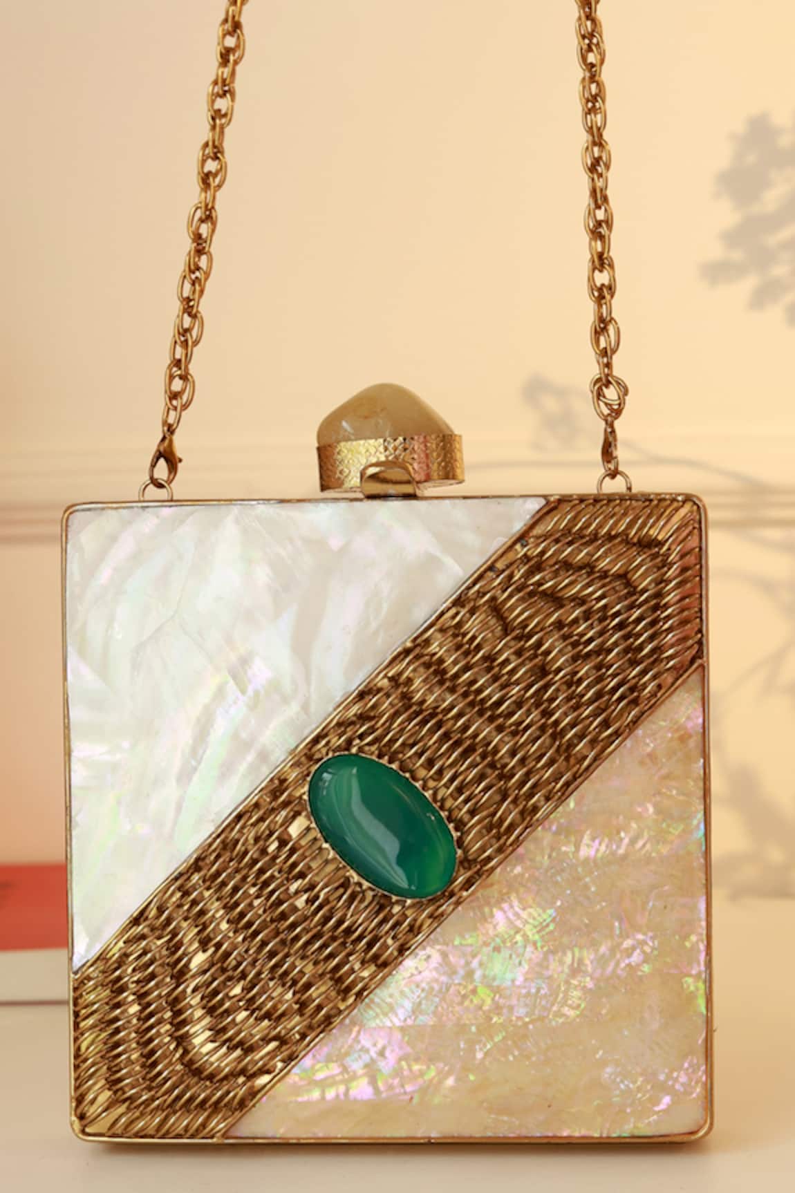 The Tan Clan Designer Mother of Pearl Brass Clutch 