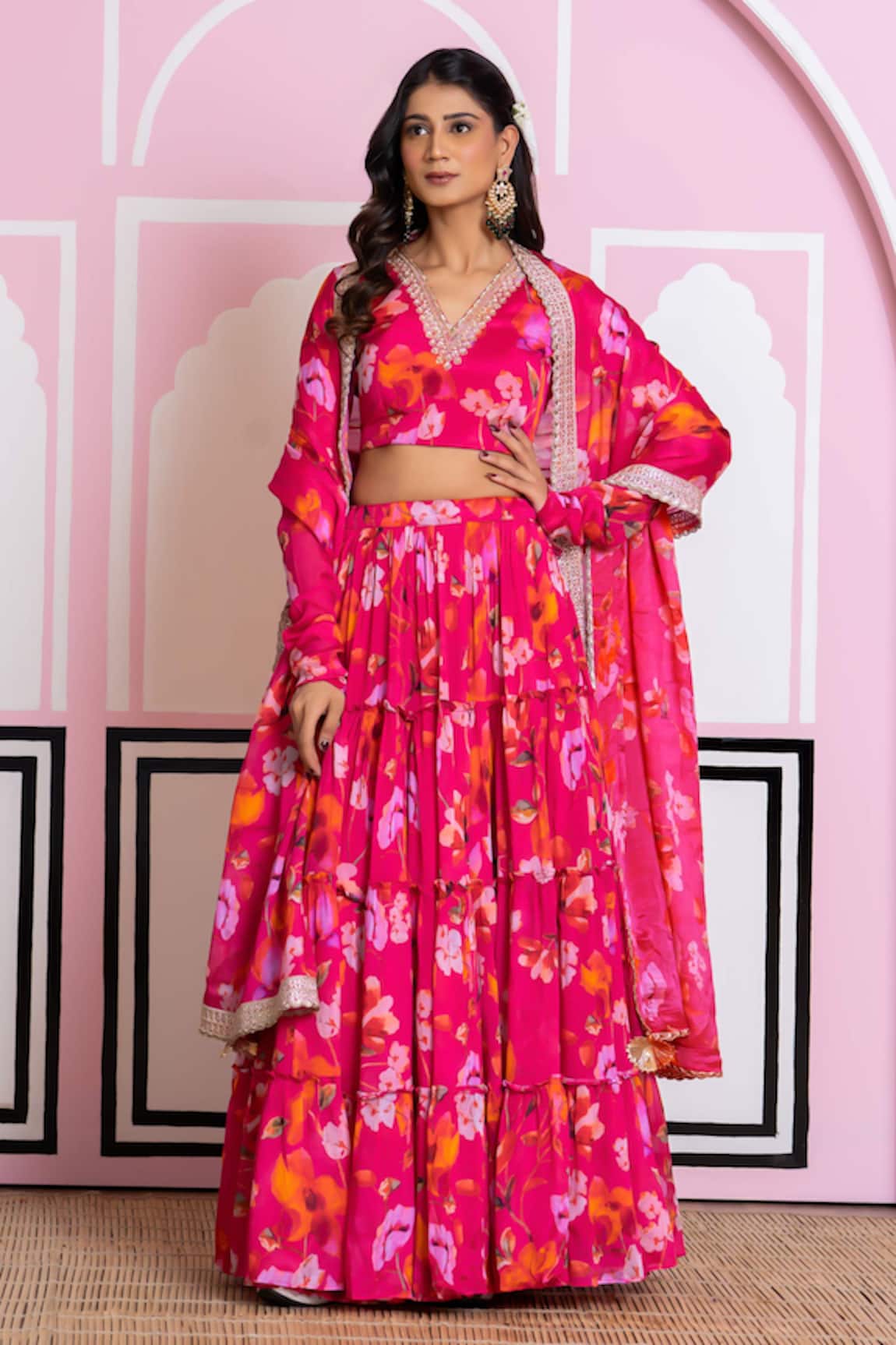 Yuvraani Jaipur Floral Print Pink Lehenga Set 