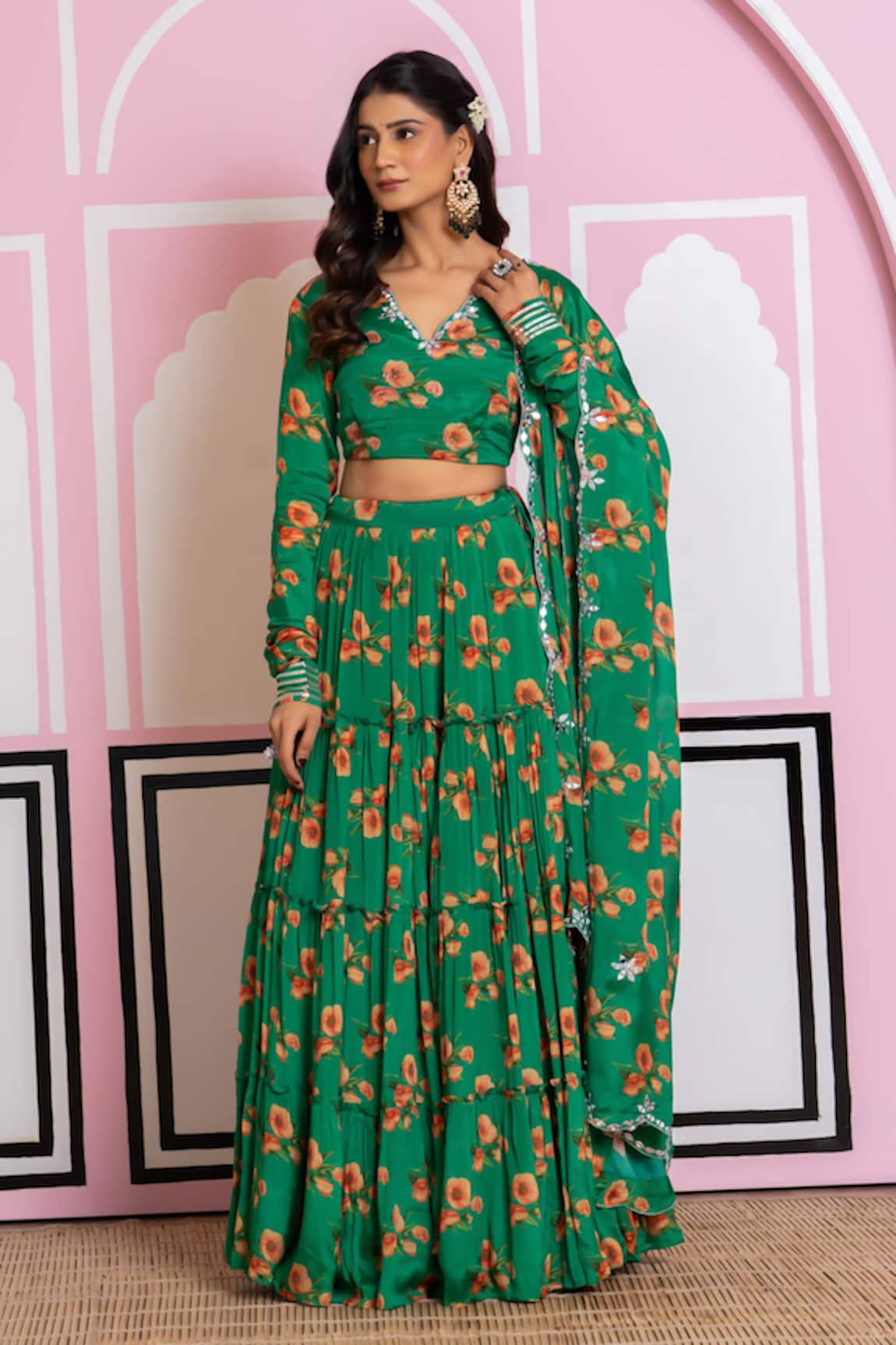 Yuvraani Jaipur Green Floral Print Lehenga Set 