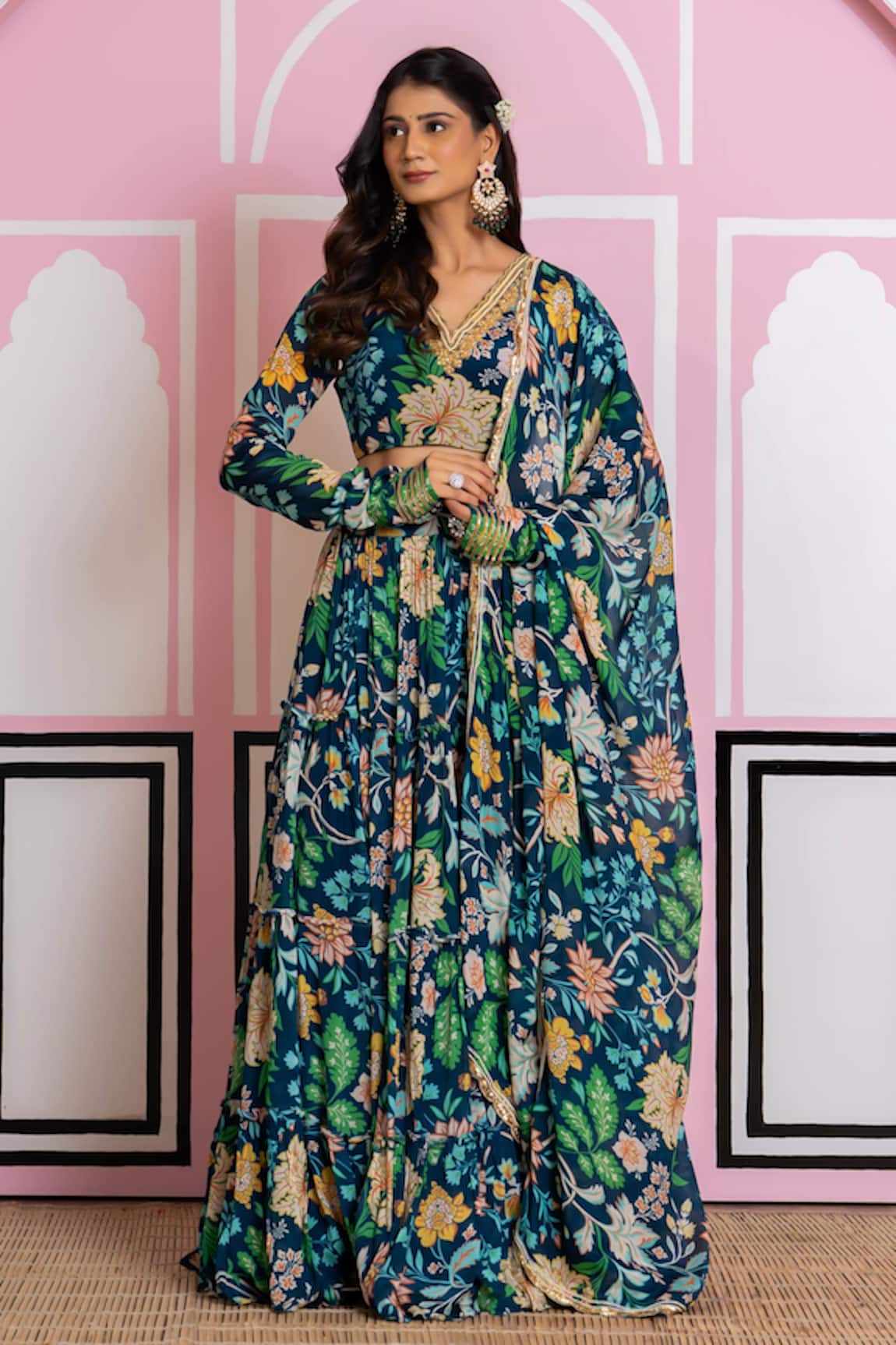 Yuvraani Jaipur Floral Print Chinnon Chiffon Lehenga Set 