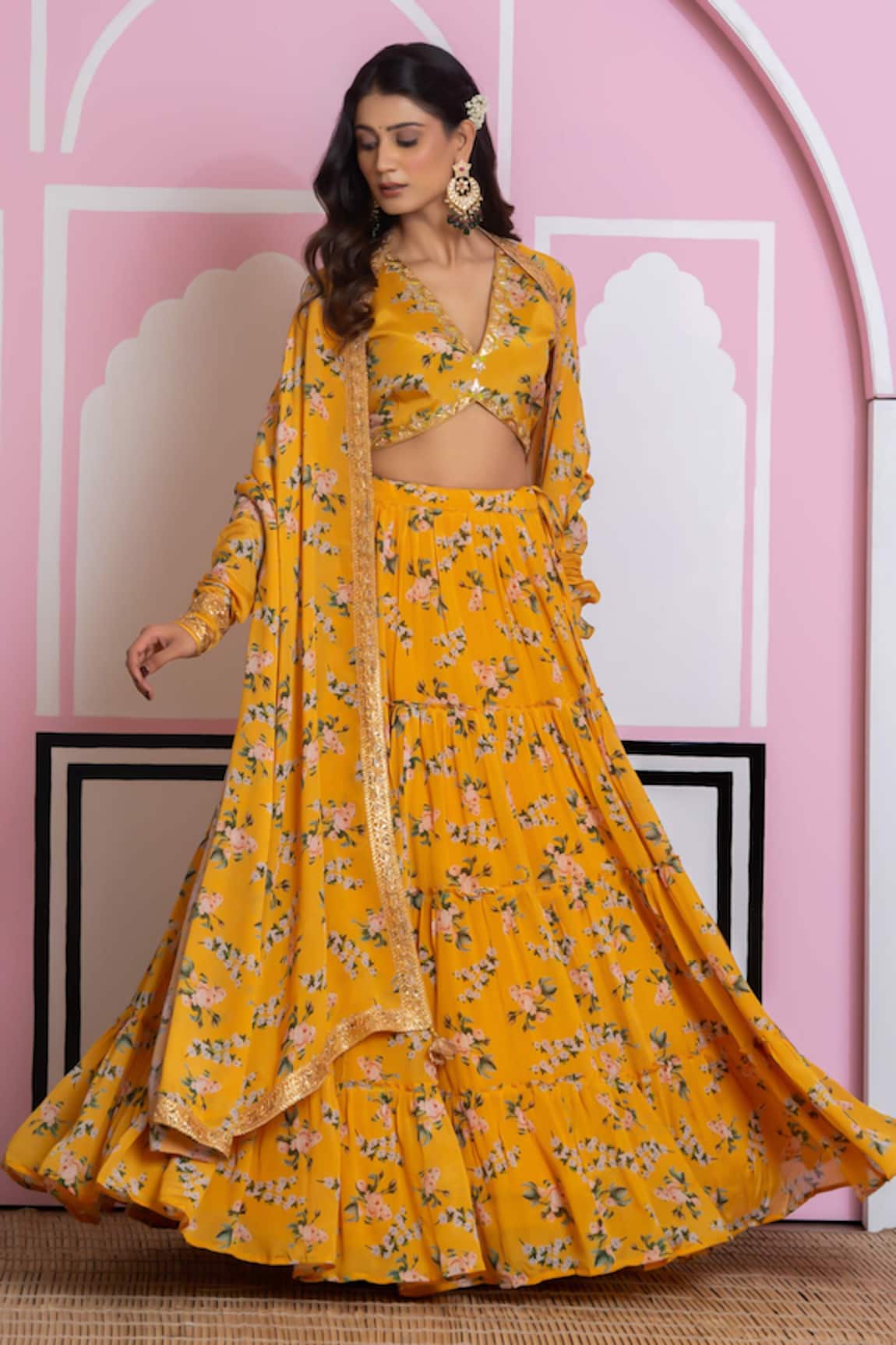 Yuvraani Jaipur Yellow Floral Print Lehenga Set 