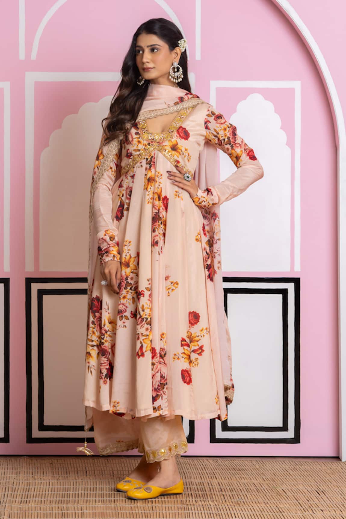 Yuvraani Jaipur Beige Floral Anarkali Set 