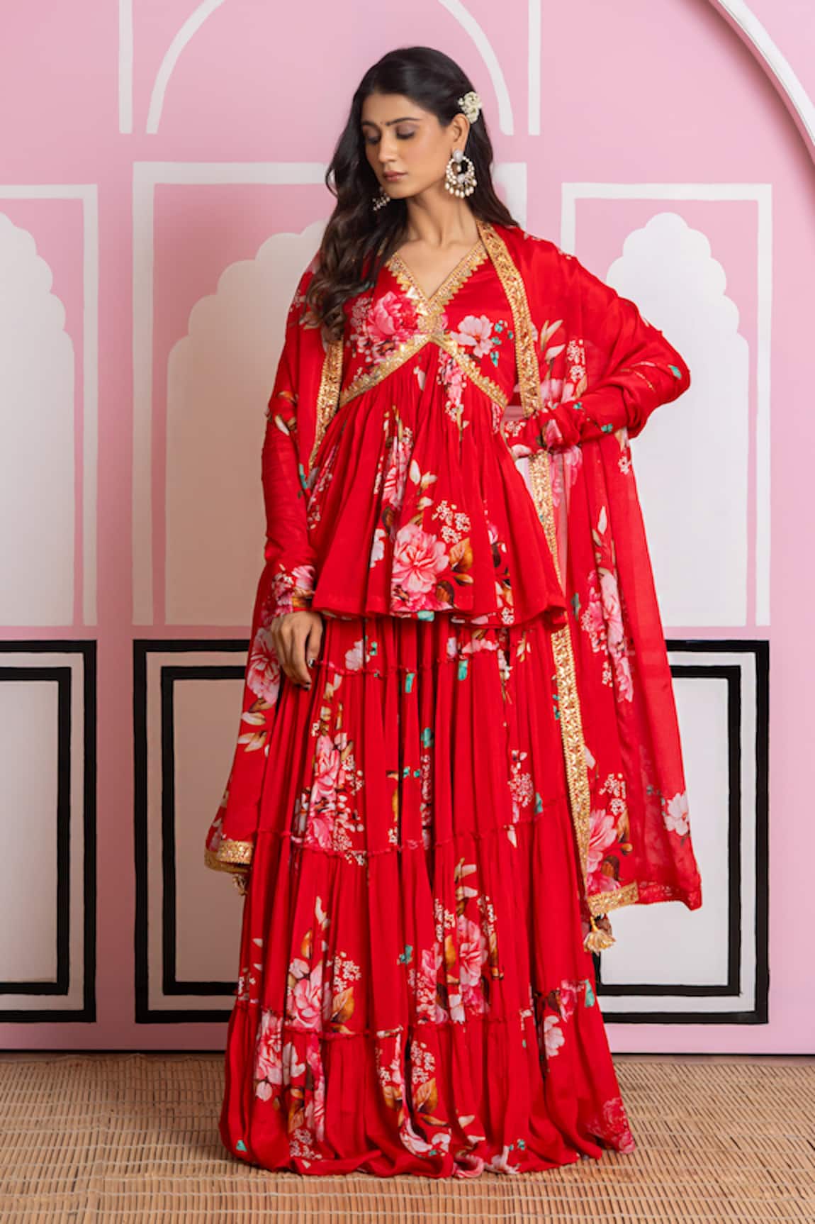 Yuvraani Jaipur Floral Peplum Kurta Lehenga Set 