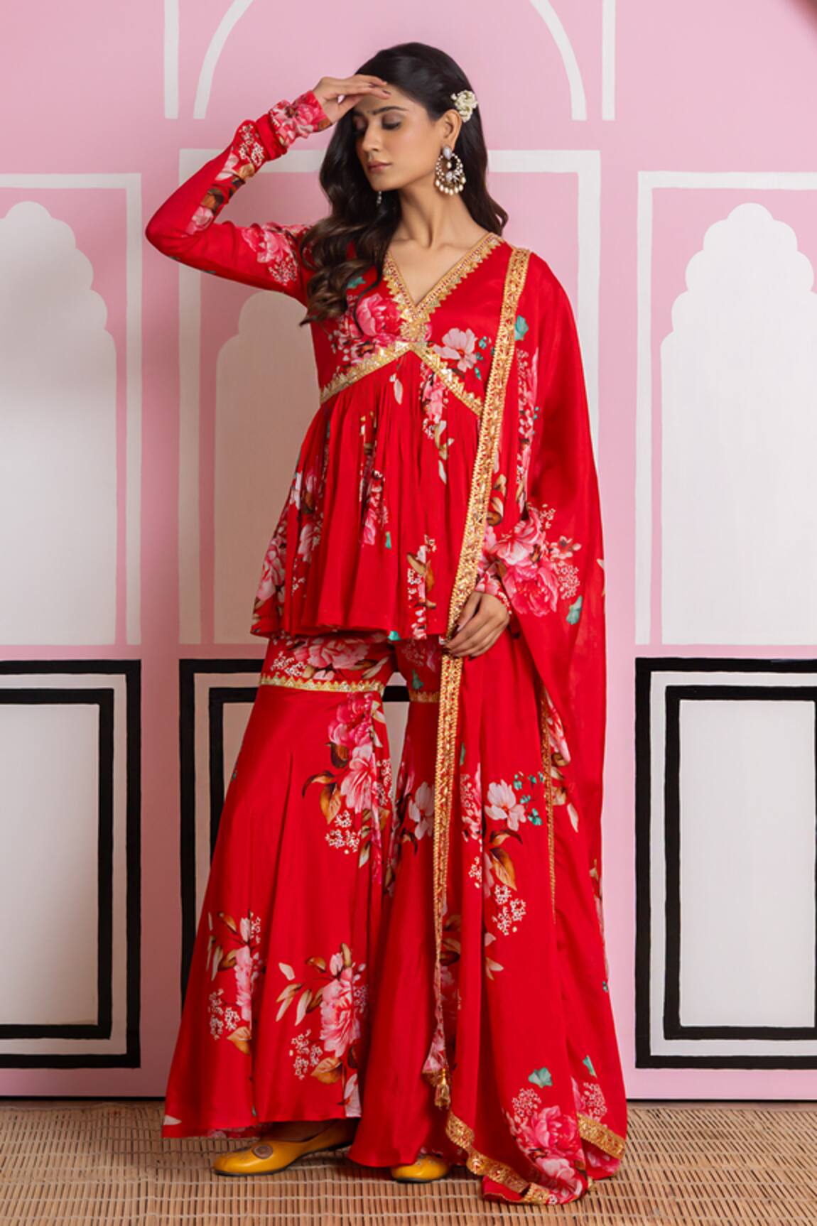Yuvraani Jaipur Floral Chinnon Chiffon Sharara Set 