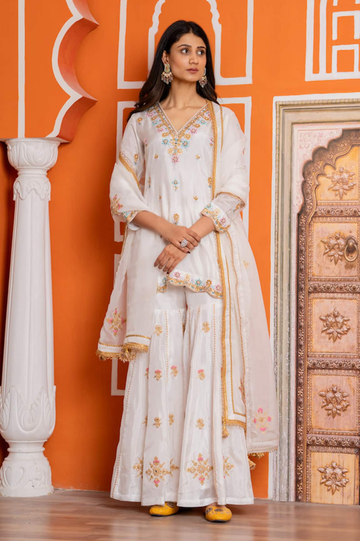 Yuvraani Jaipur Ivory Embroidered Kurta Sharara Set 