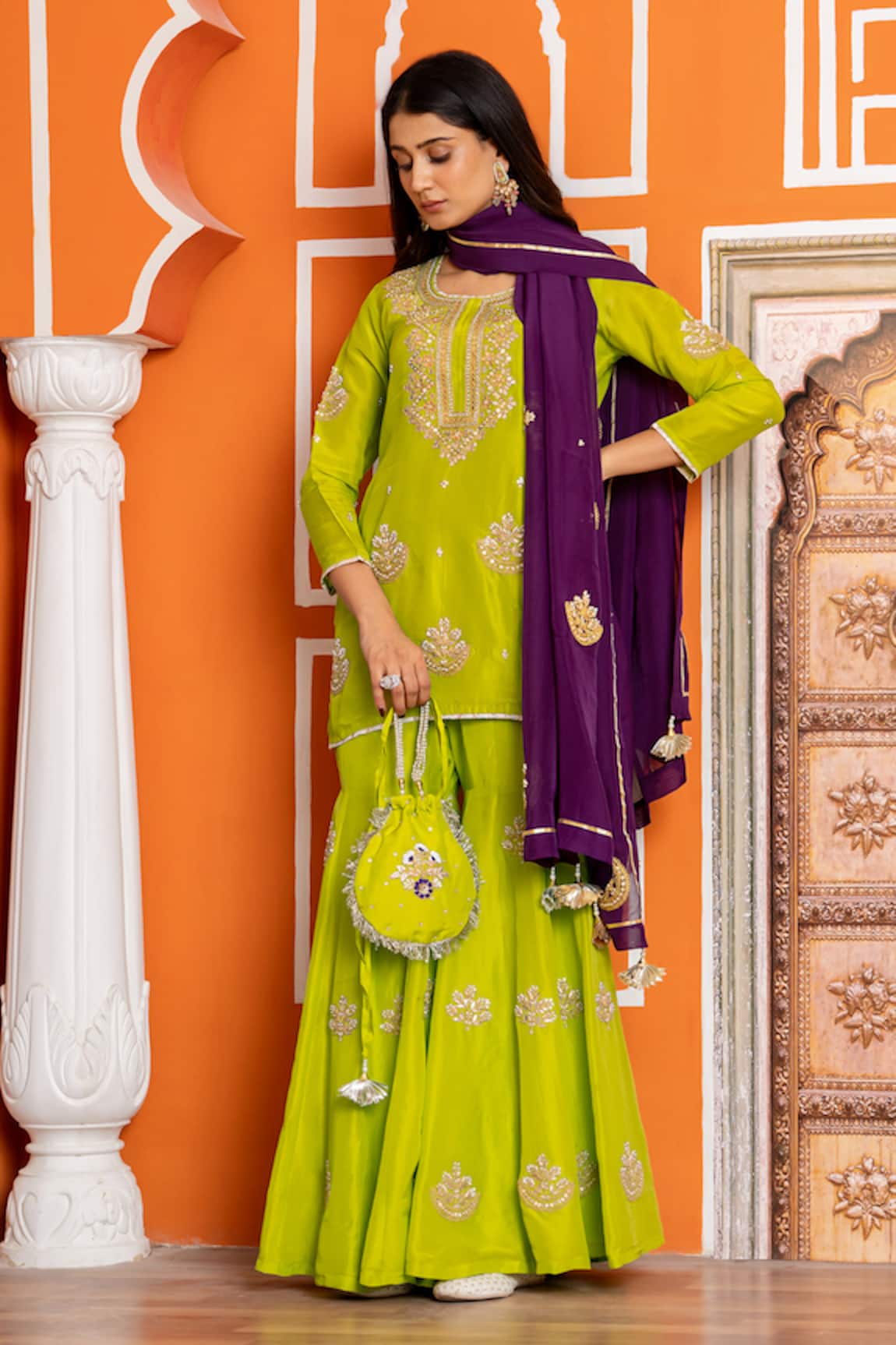 Yuvraani Jaipur Green Silk Embroidered Kurta Sharara Set 