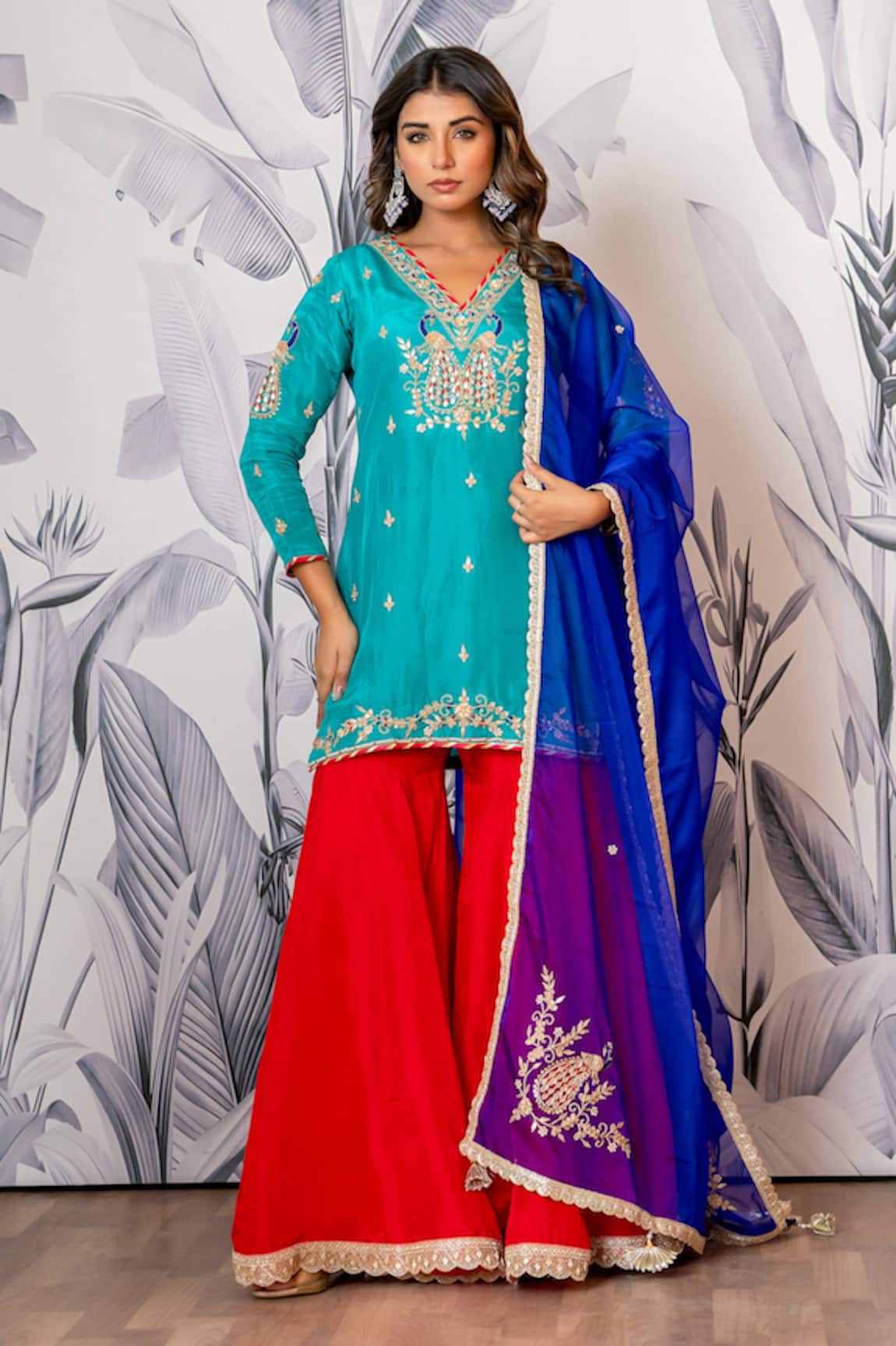 Yuvraani Jaipur Blue & Red Designer Kurta Sharara Set 