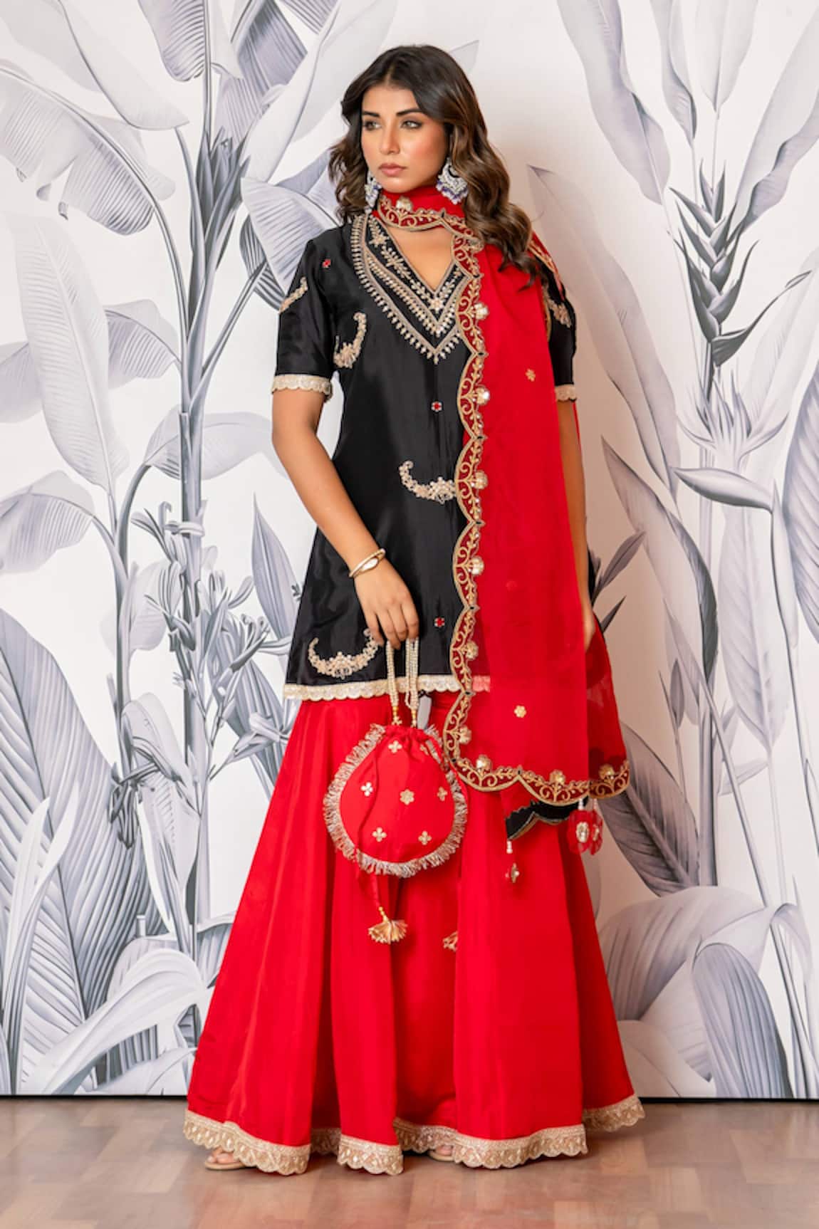 Yuvraani Jaipur Black & Red Designer Kurta Sharara Set 