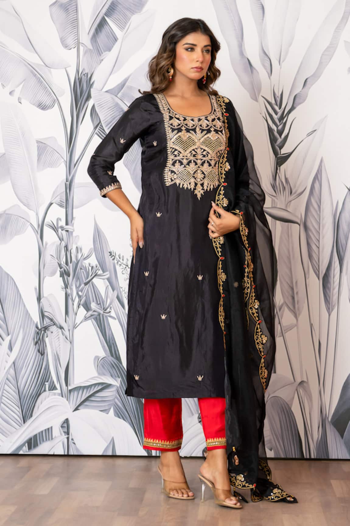Yuvraani Jaipur Designer Black & Red Kurta Pant Dupatta Set 
