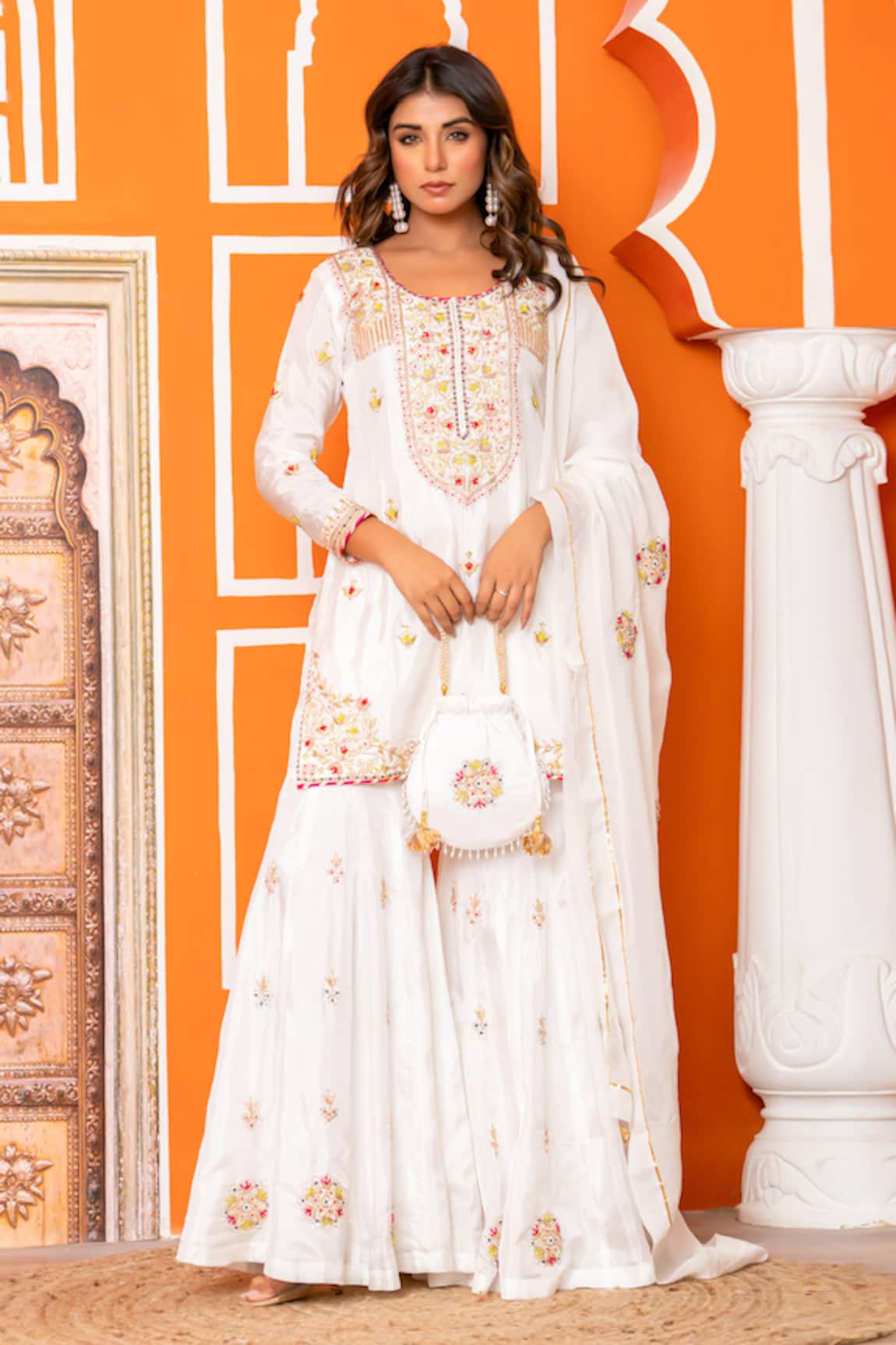 Yuvraani Jaipur Ivory Embroidered Kurta Sharara Set 