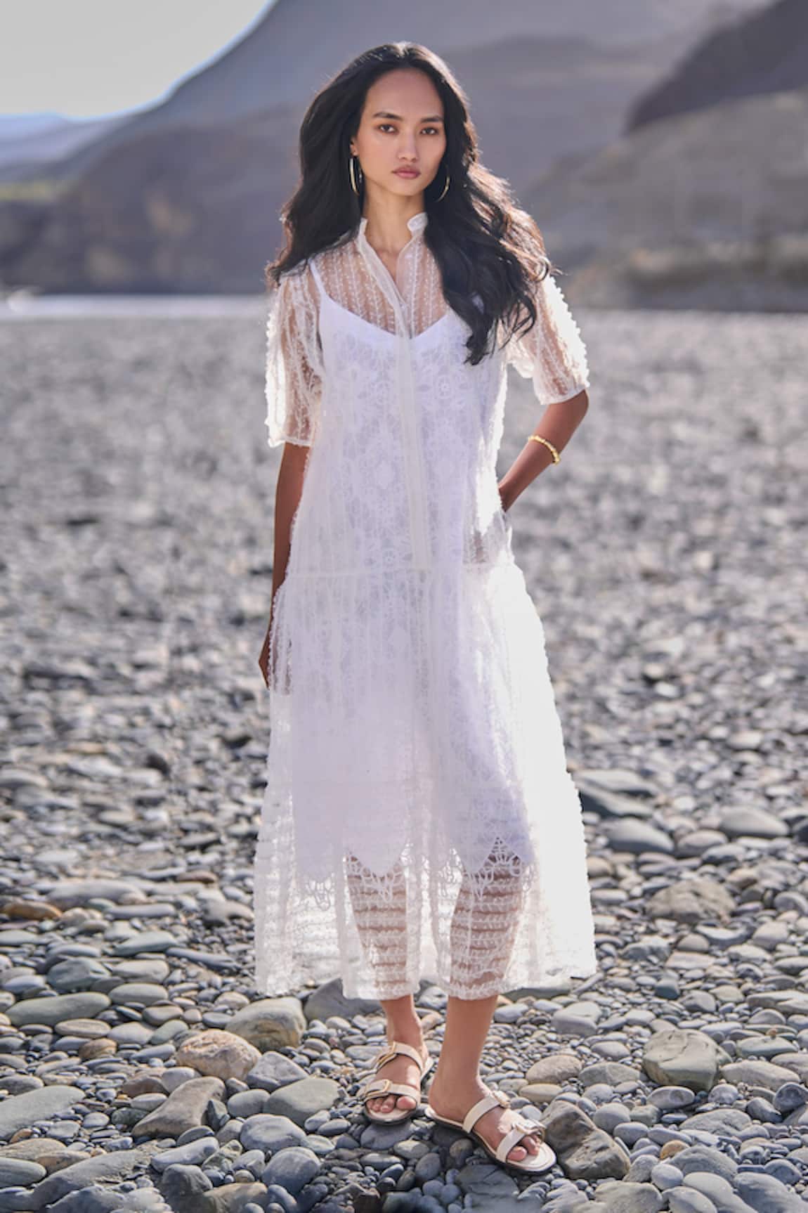 Dash And Dot Tiered Embroidered Mesh Dress 