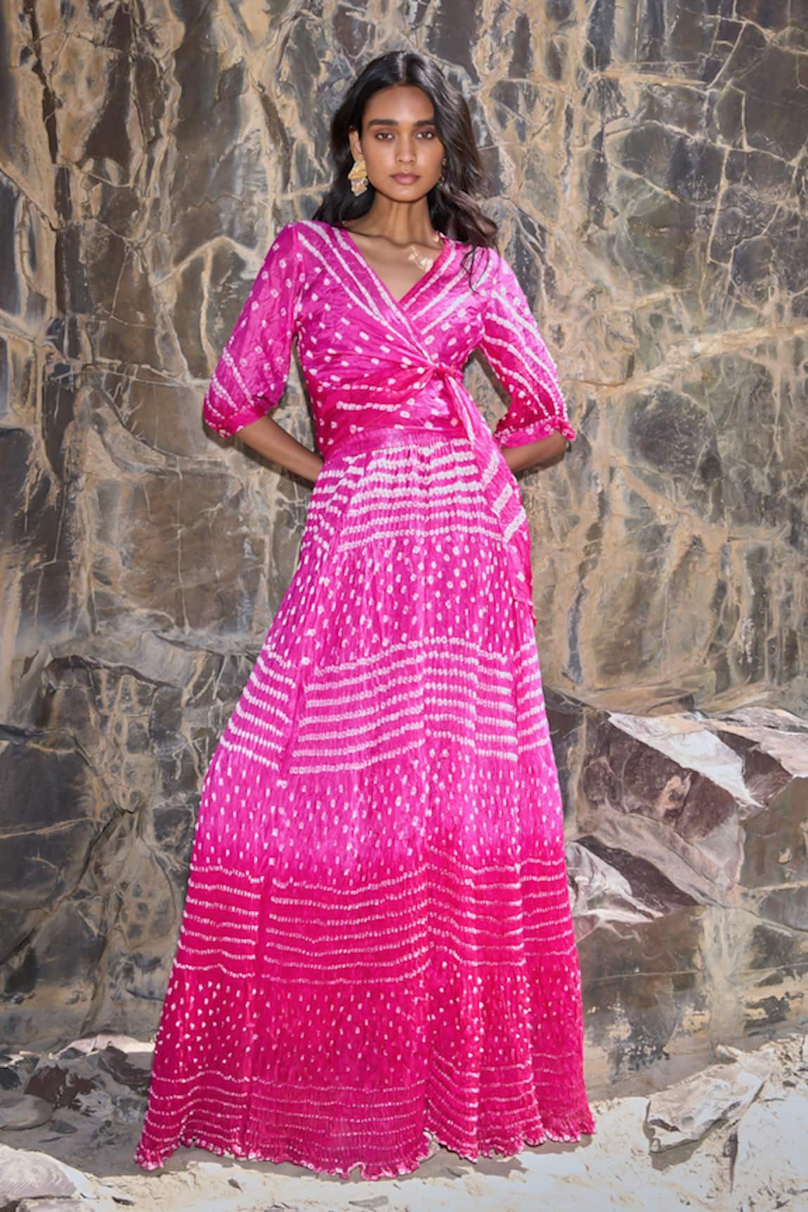 Dash And Dot Fuchsia Bandhani Top & Flared Skirt 