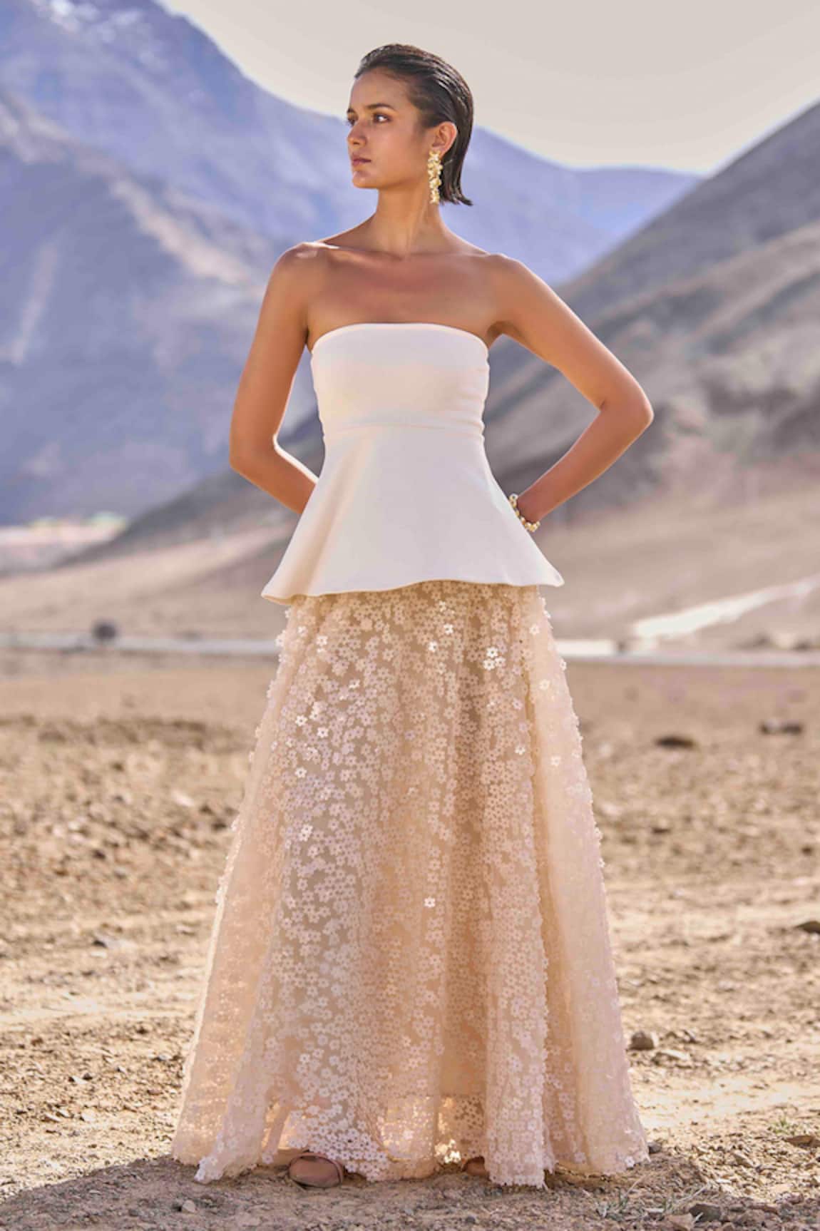 Dash And Dot Ivory Peplum Top & Floral Sequin Skirt 