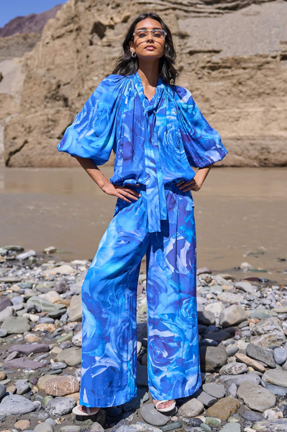 Dash And Dot Floral Printed Blue Pant Set 