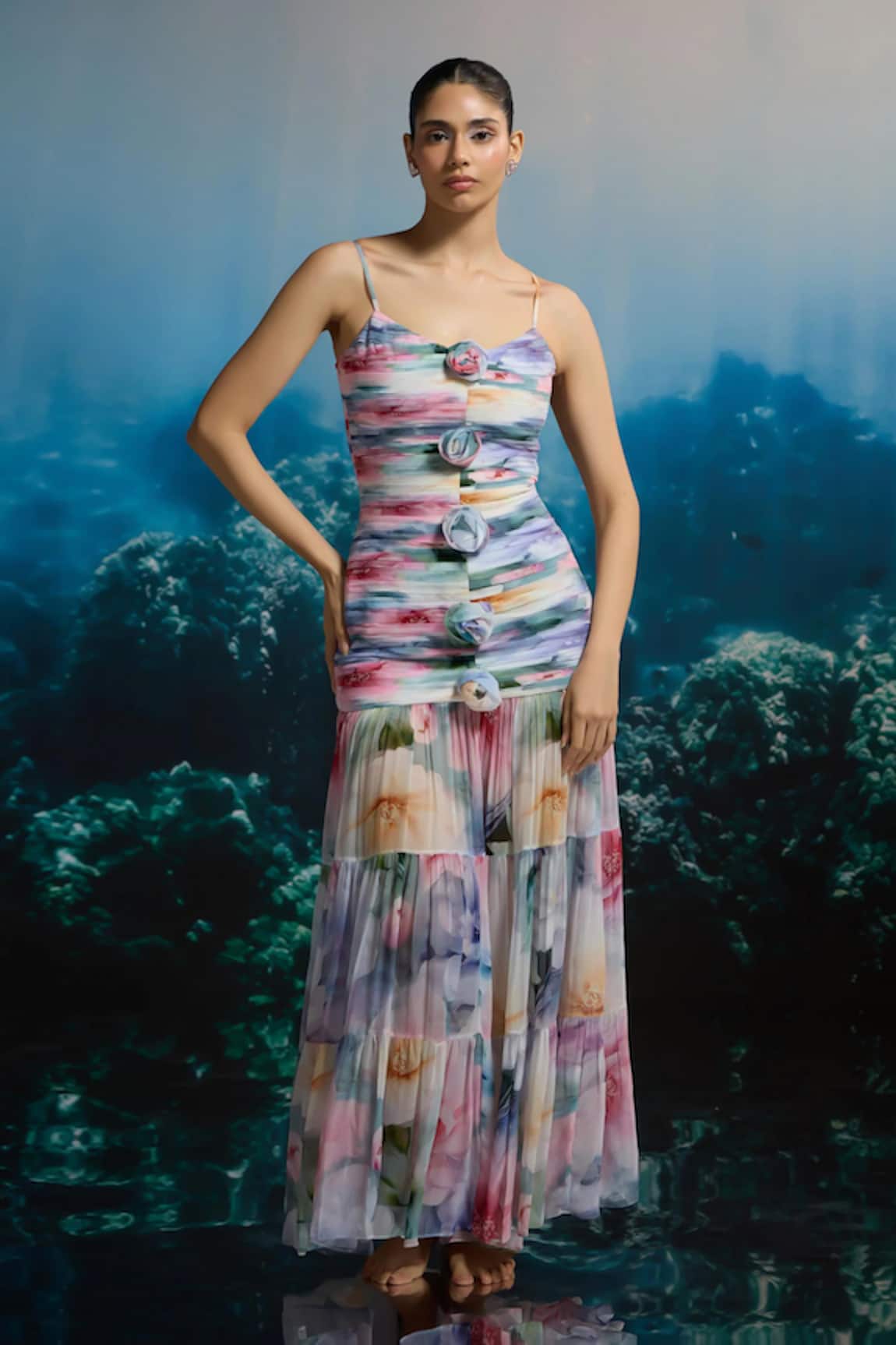 THE IASO Ocean Bloom Ruched Maxi Dress 