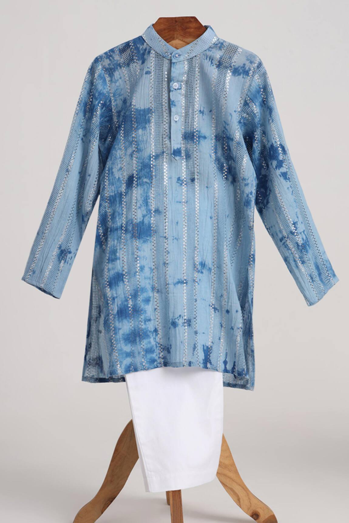 Minime Organics Blue Cotton Lurex Kurta & Pyjama Set 