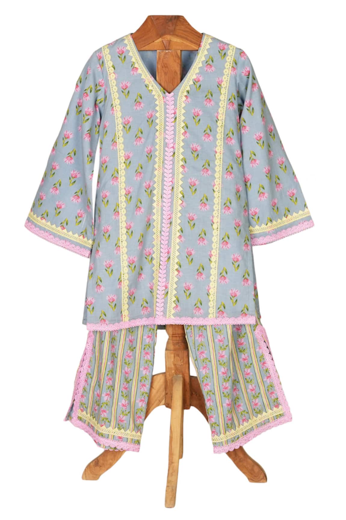 Minime Organics Light Blue Block Printed Kurta & Palazzo Set 