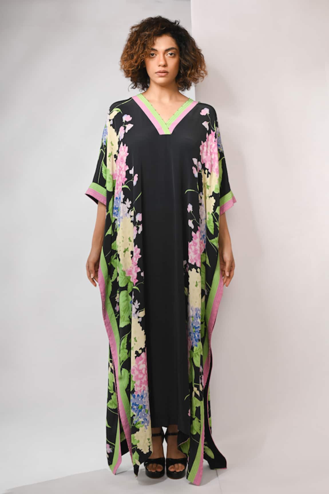 Rimi Nayak Floral Printed Black Kaftan with Beads 