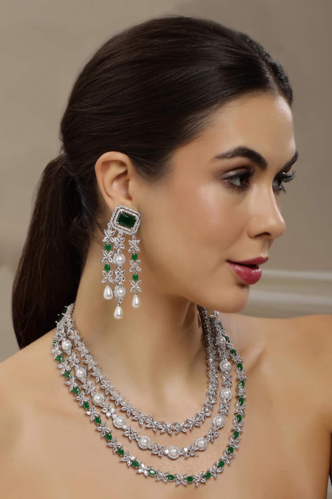 Ruby Raang Emerald Layered Necklace & Earring Set 