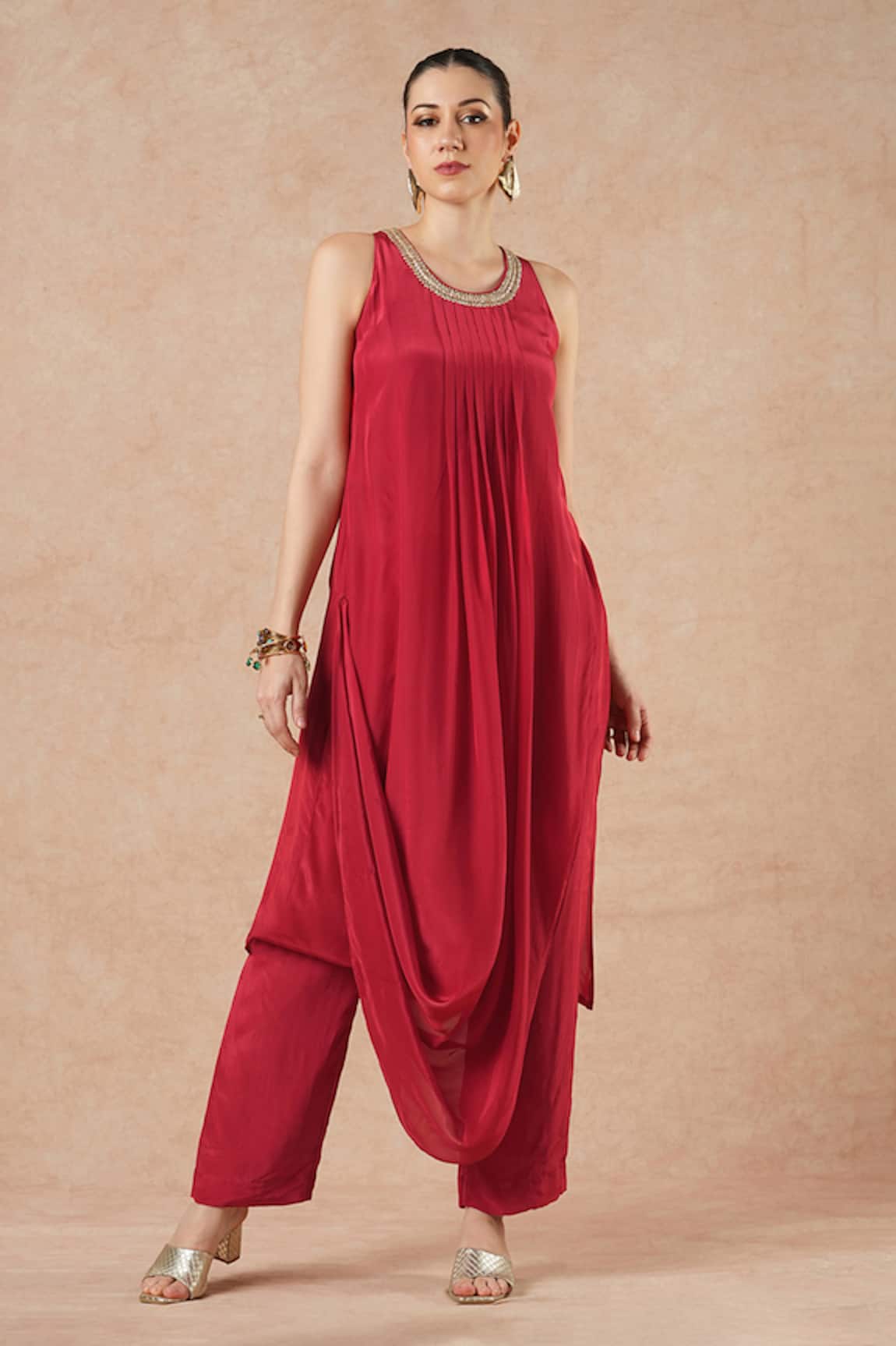 Dori & CO. Ruby Red Metal Hand Embroidered Kurta Set 