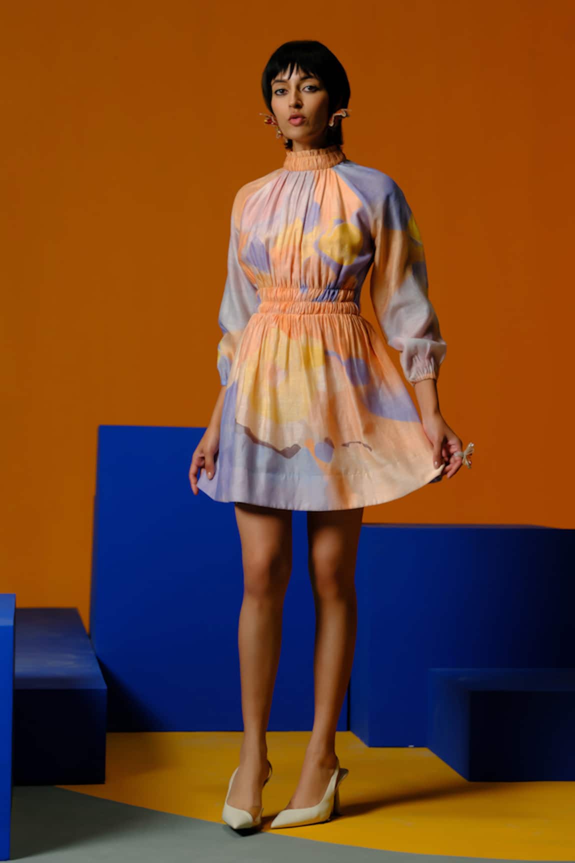 Clos Soft Blue & Orange Designer Dress 
