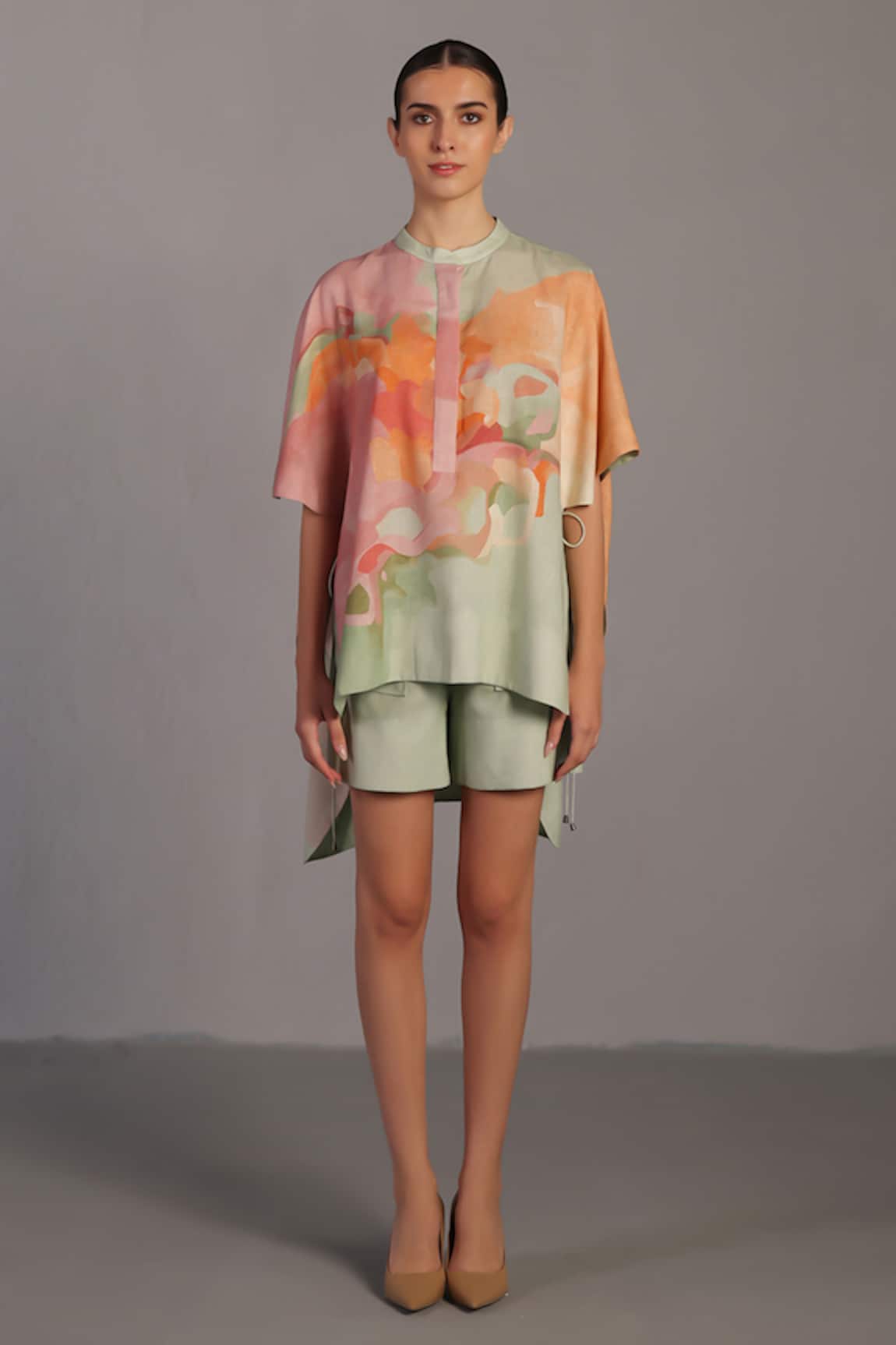 Clos Soft Pink & Pastel Green Kaftan Top & Shorts 