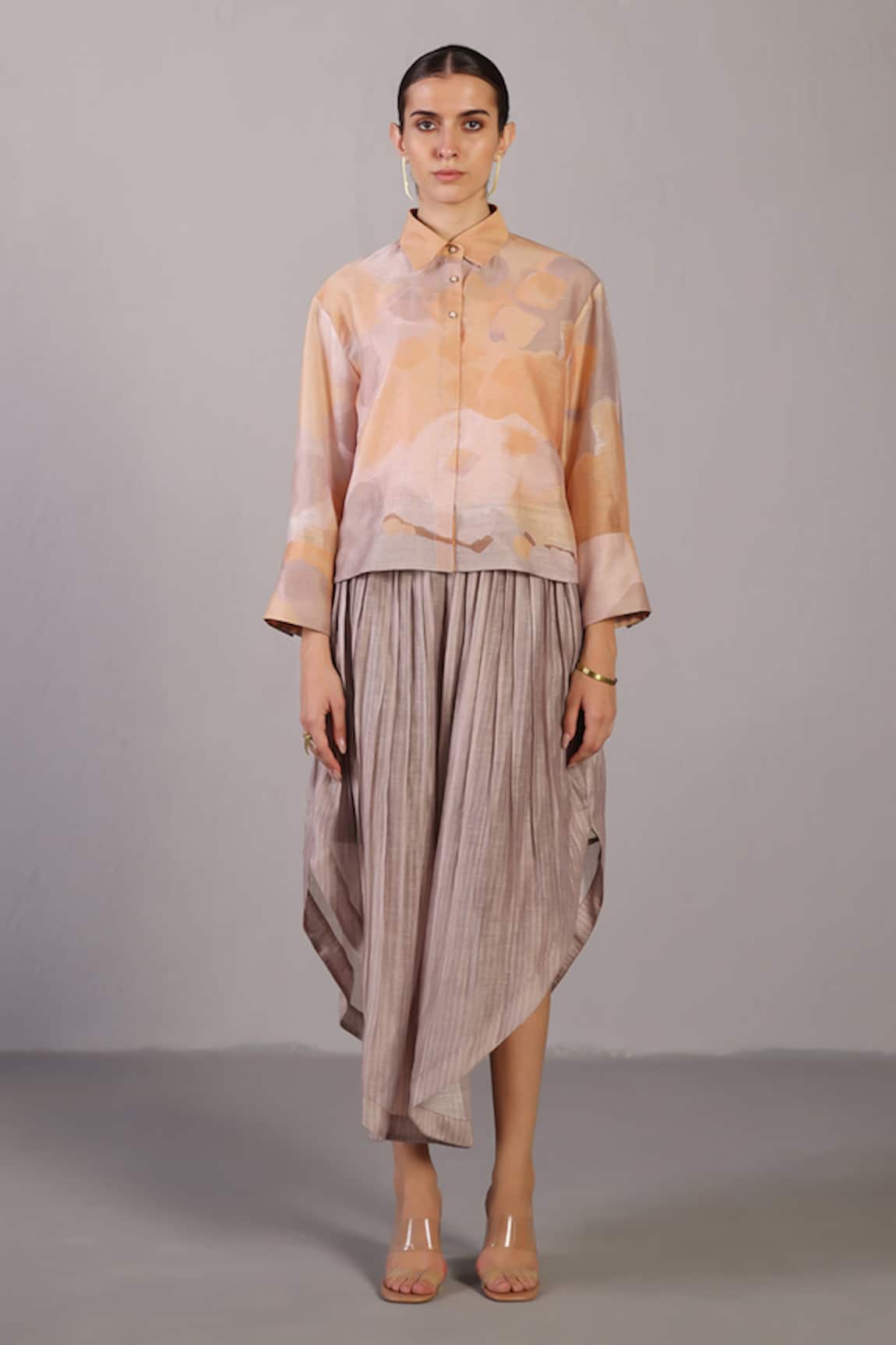 Clos Soft Grey & Orange Designer Shirt Pant Set 