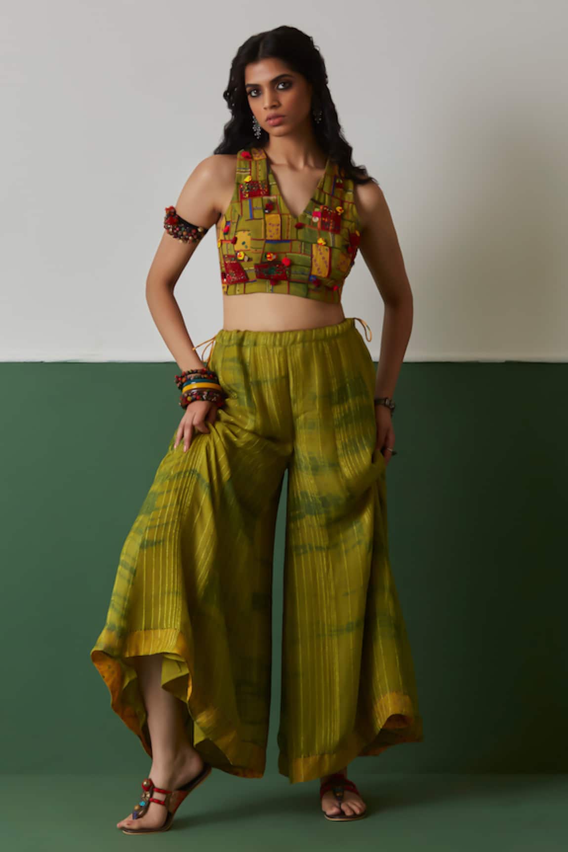 Medha Neon Green Embroidered Blouse & Palazzo Set 