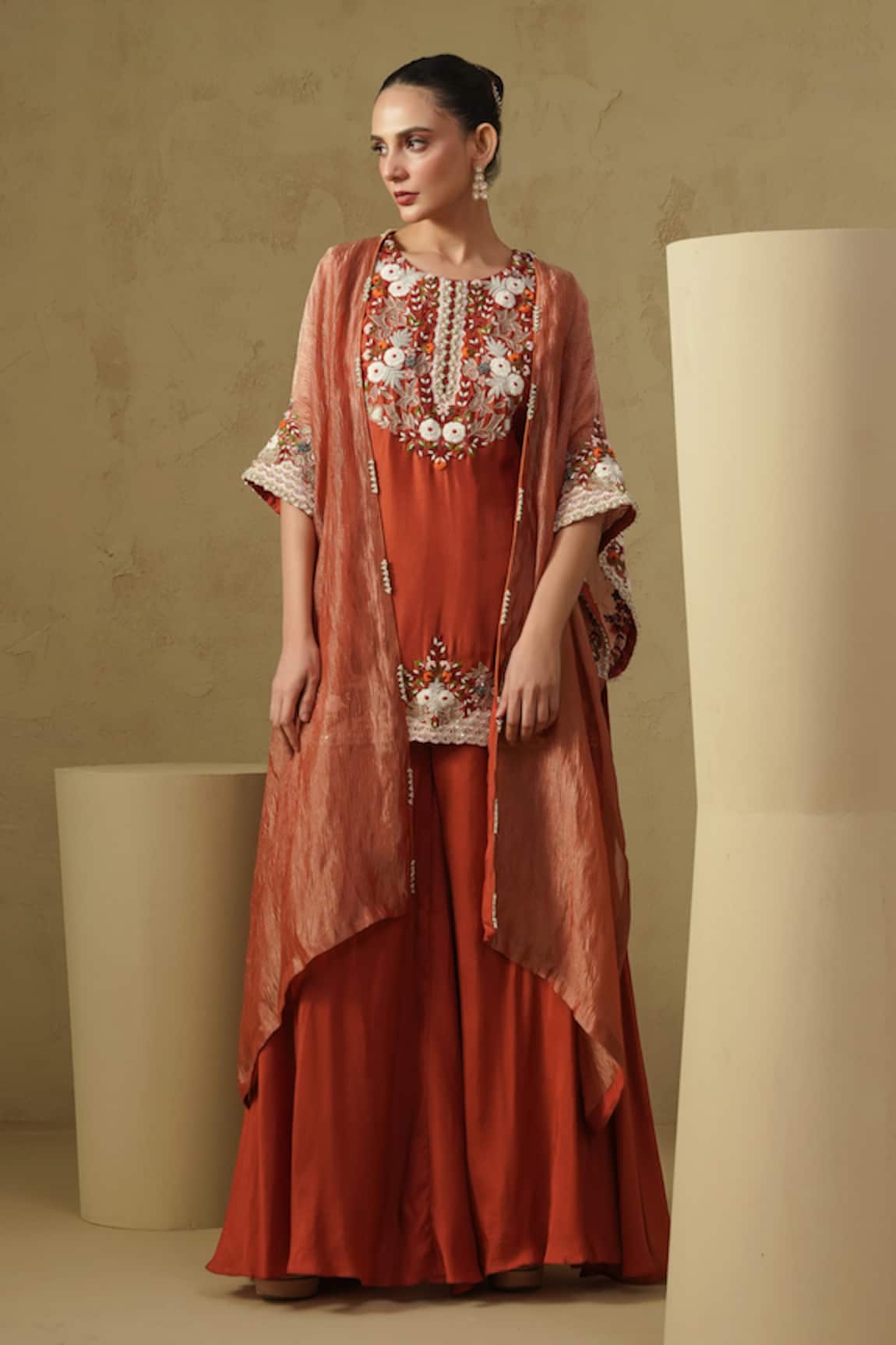 Kesar Studio Rust Orange Embroidered Kurta Set 