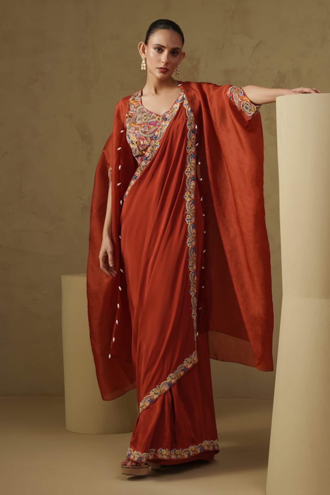 Kesar Studio Rust Orange Pre-Draped Saree Set 
