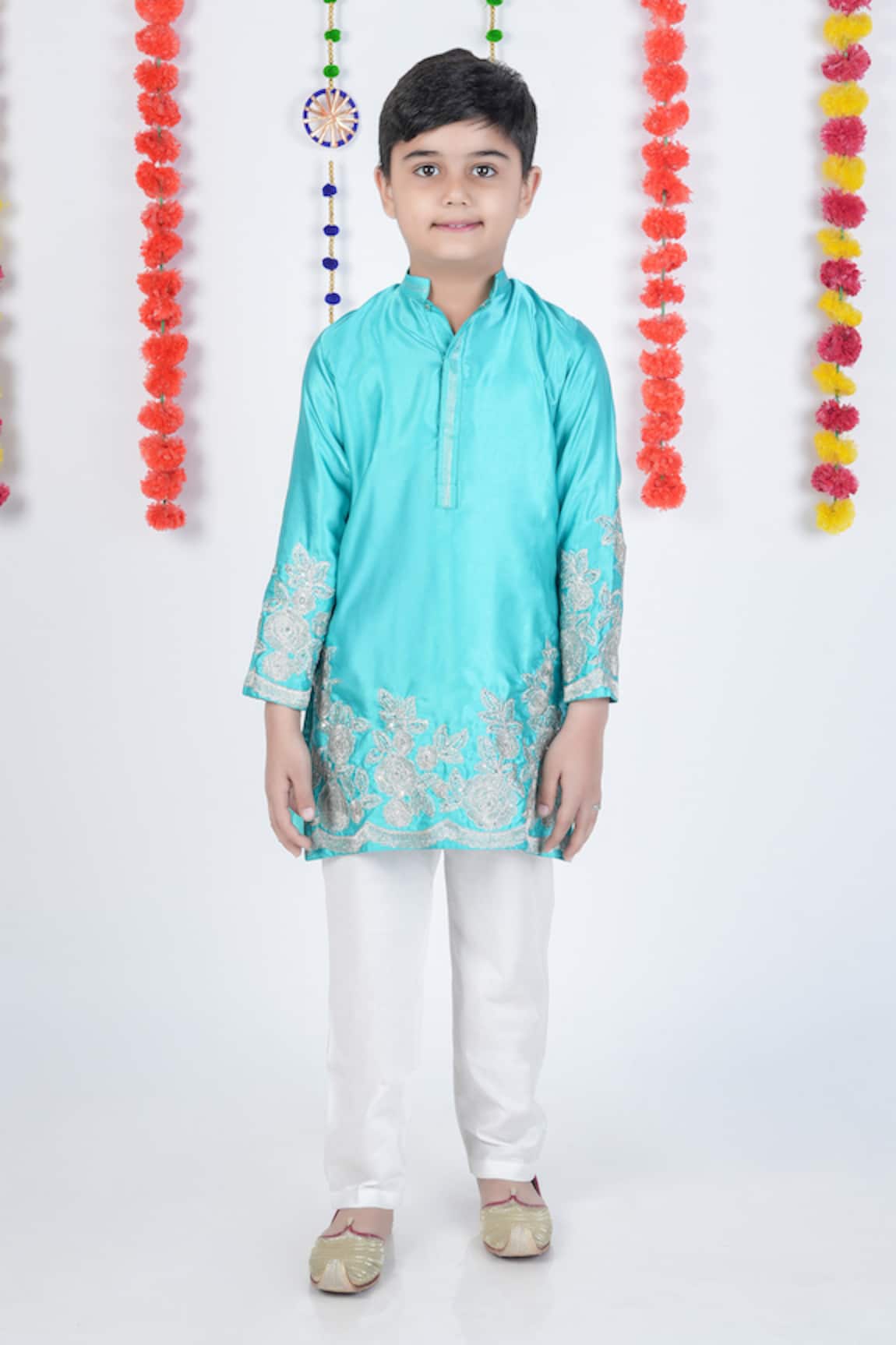 Little Brats Peacock Green Embroidered Kurta Set 