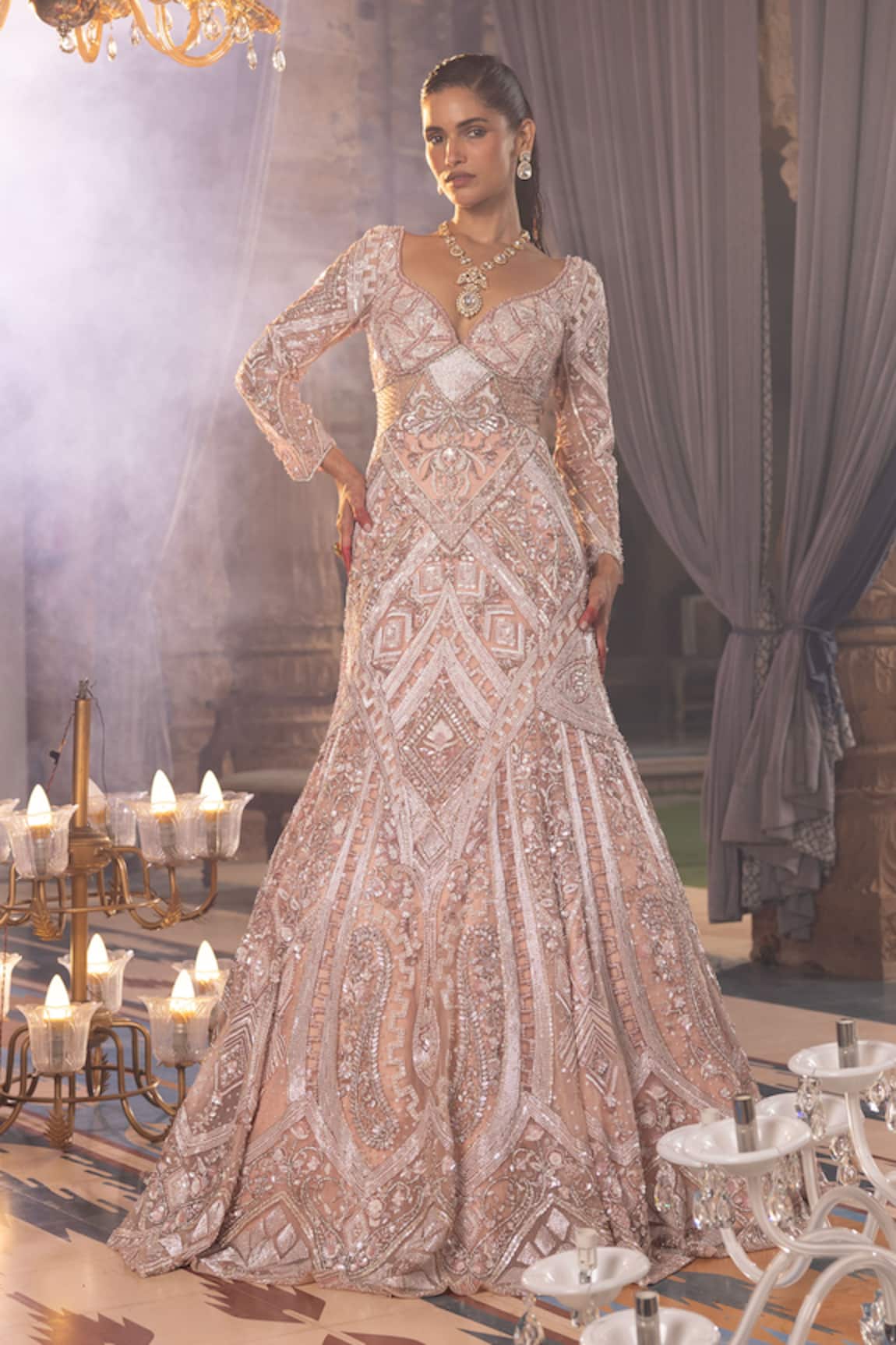 House Of Sikka Beige Fish Cut Designer Gown 